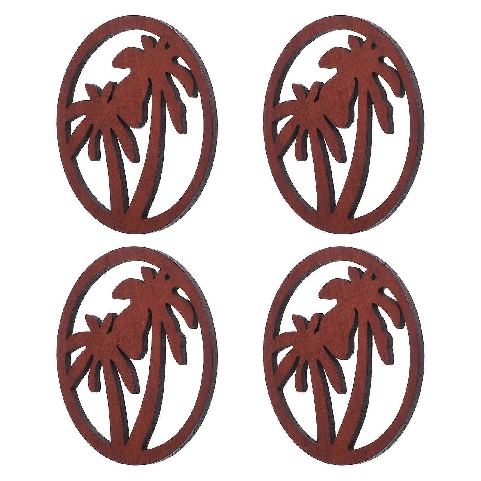 Wooden Drink Coasters for Home 4Pcs Coconut Tree Pattern Round Pads