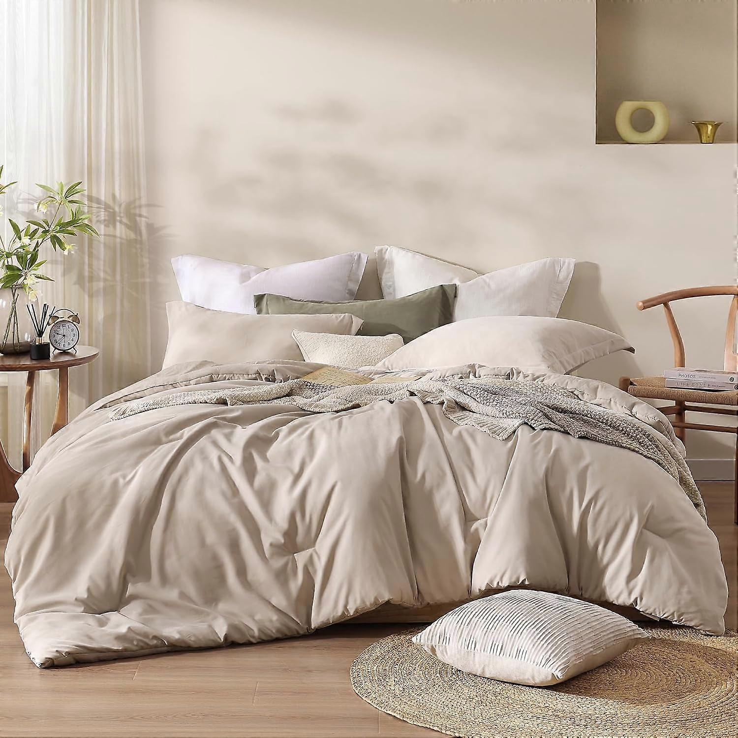 Boho Queen Comforter Set Beige - 3PC Modern Farmhouse Lightweight Microsuede Bedding Set, 90"x90" Fluffy Comforter with 2 Pillowcases for Guest Room