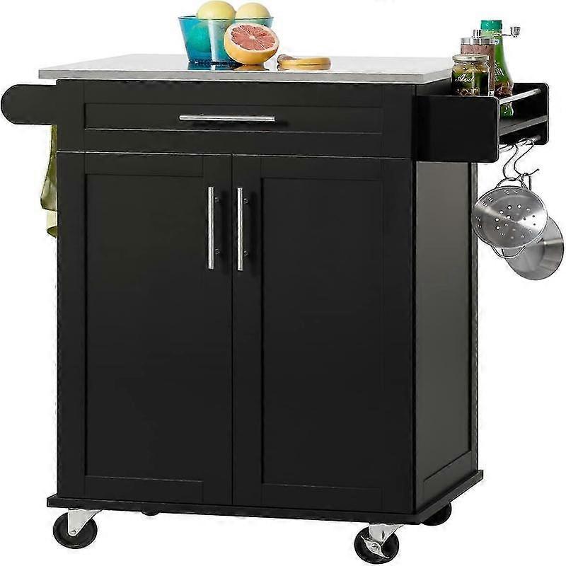 FKW110-SCH, עגלת מטבח עם משטח עבודה מנירוסטה עגלת מטבח על גלגלים יחידת אחסון ארונות ארון עם דלתות ומגירה ומתלה צד