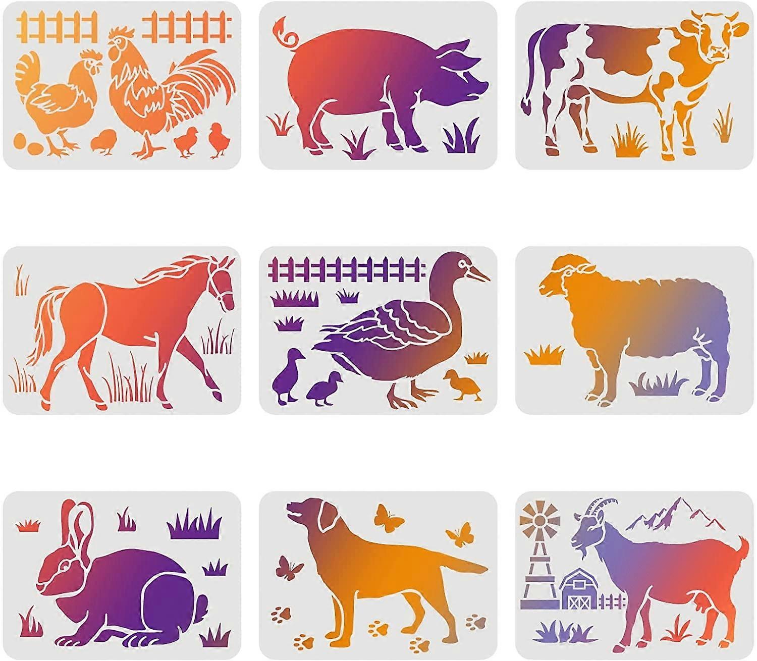 9pcs Farm Animal Stencil 11.7x8.3 inch, Poultry & Livestock Templates for Painting on Walls, Canvas, Wood, Tile, Paper, Floor – Compatible with