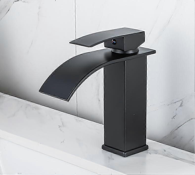 Black Waterfall Faucet Hot And Cold, Countertop Basin, Single Hole, Low Profile Black Finish