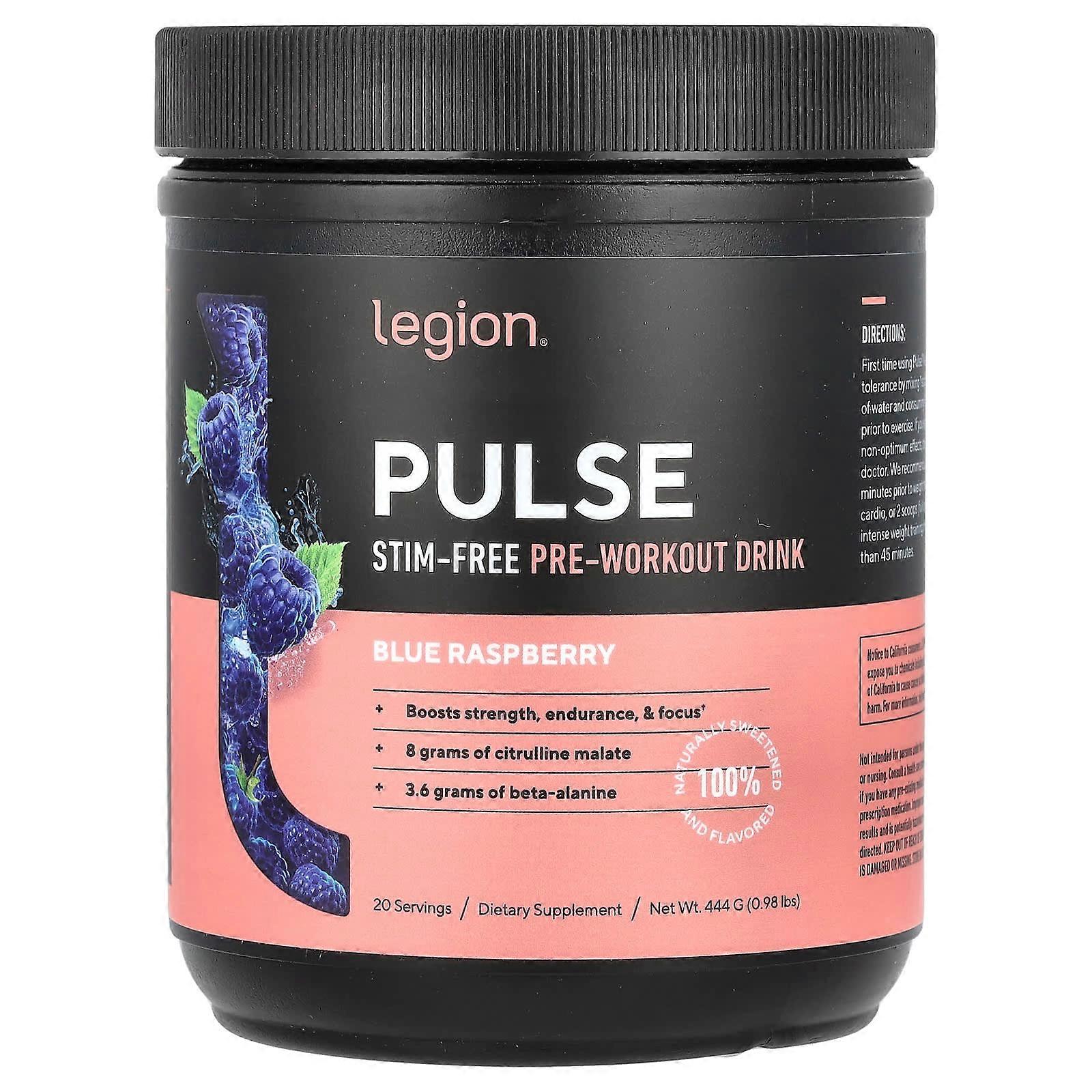 Pulse, Stim-Free Pre-Workout Drink, Blue Raspberry, 0.98 lbs (444 g)
