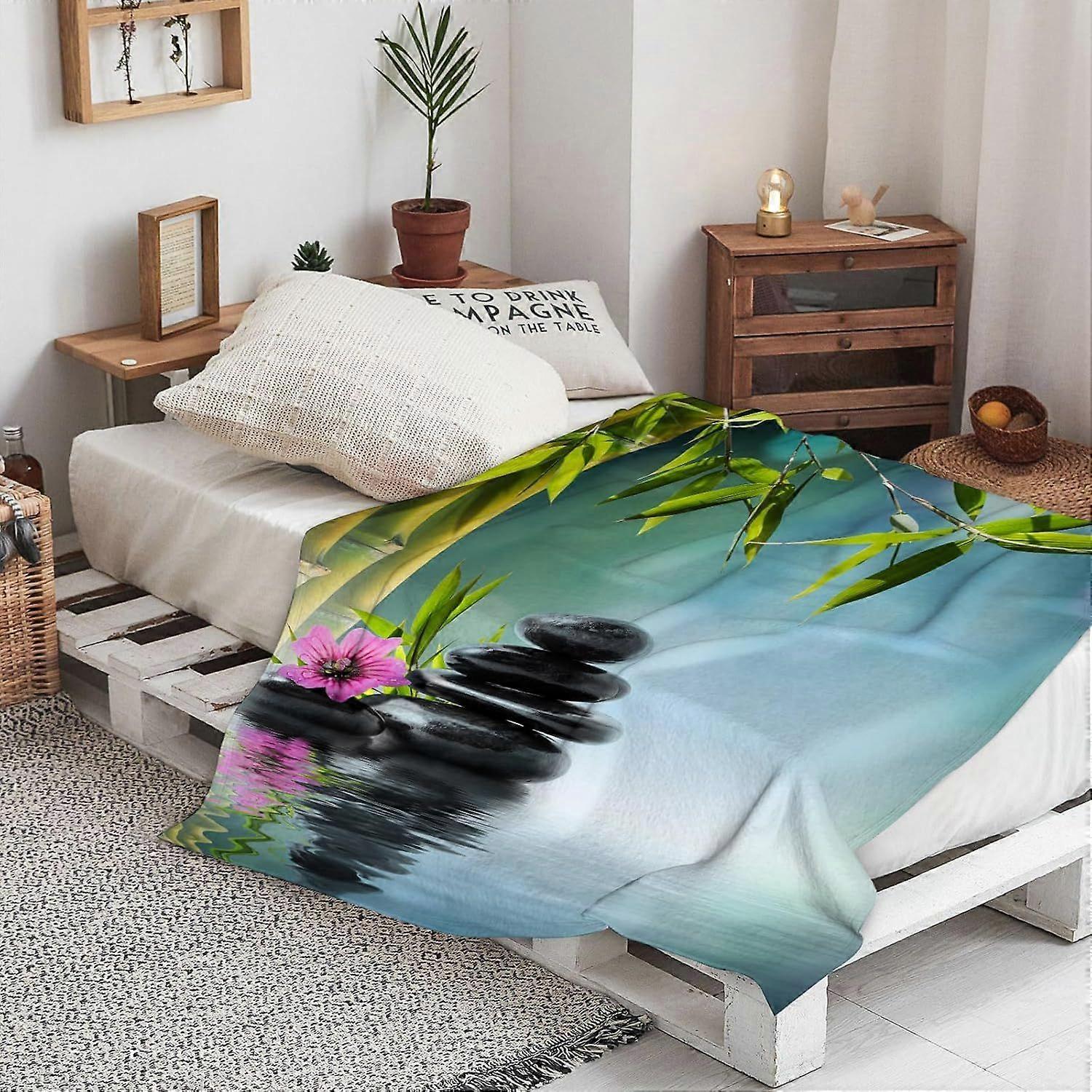 Warm Soft tower black stone and hibiscus with bamboo on the water Throw Blanket,Winter Warm Sofa Bed Throw Bed Picnic Blanket Throw Over Soft Plush Ga