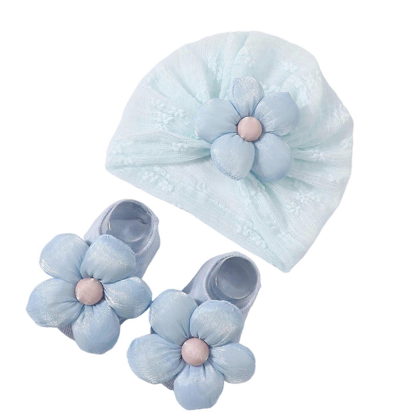 1 Set 0-12M Baby Bonnet Caps Flower Turban Hat Infant Girls Headwear Neonatal Fetal Caps with Matching Socks  Blue