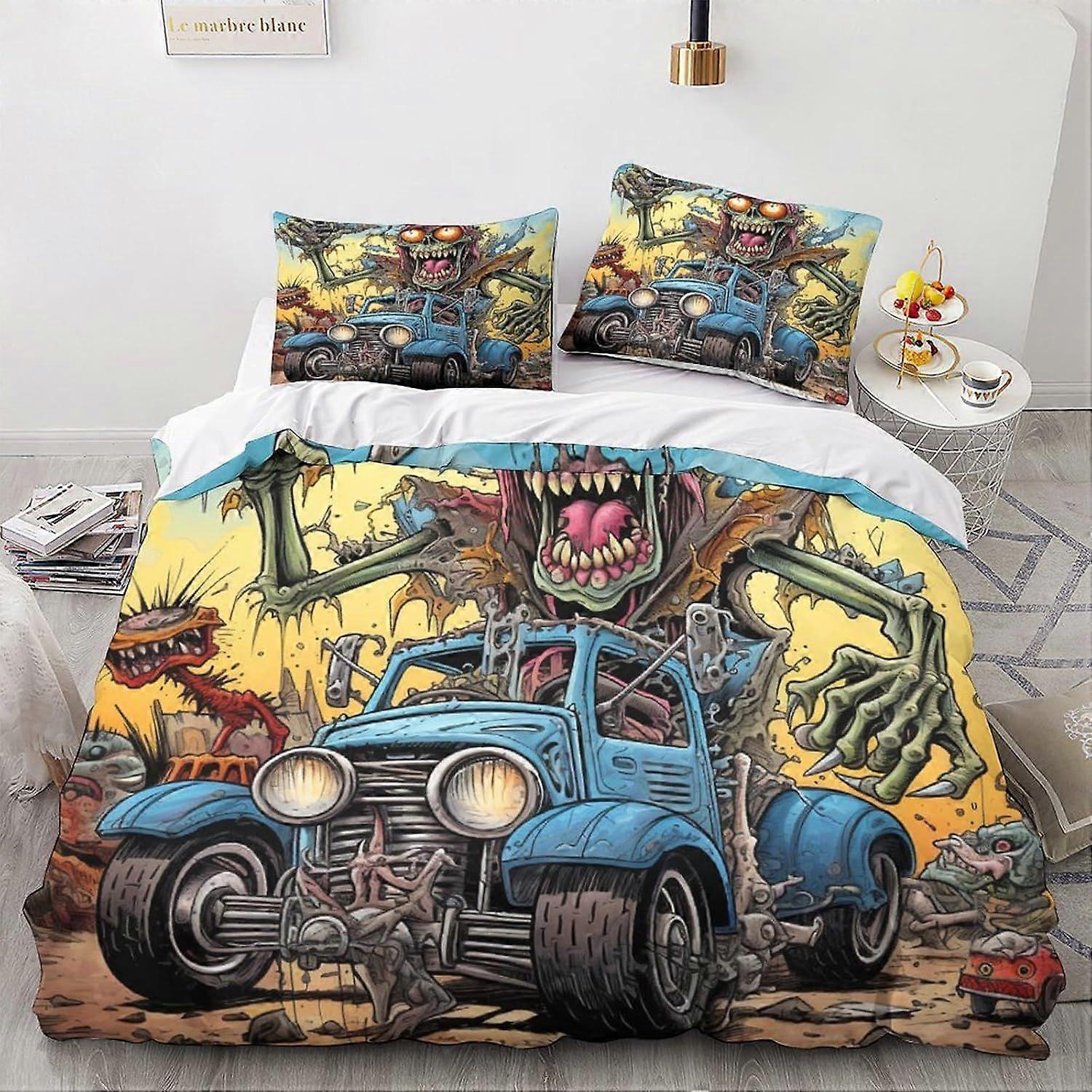 LikeEj monstro edredom capa conjunto, vintage carro cama edredom capa edredom 3D colcha capa desenhos animados decoração rei