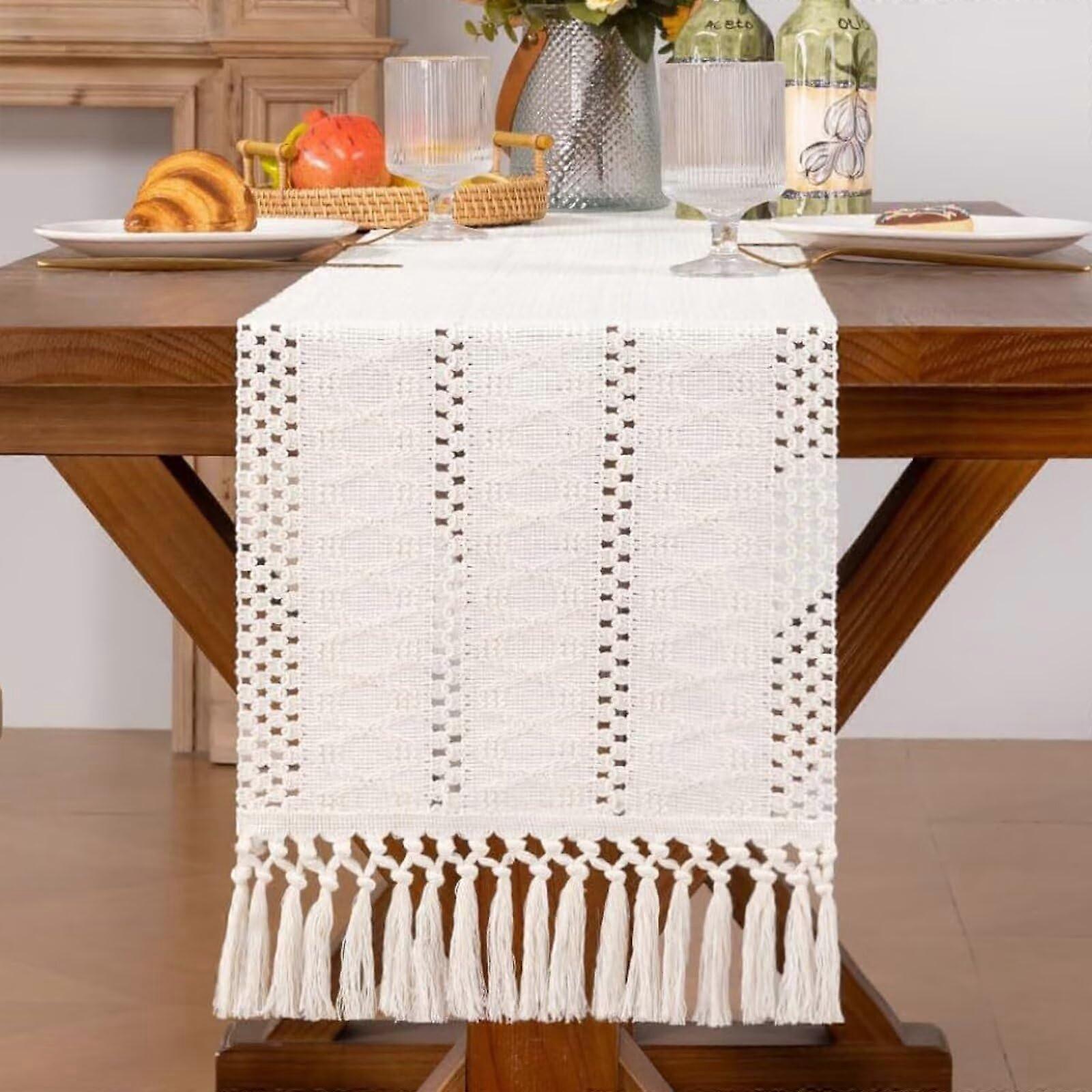 Table Runner with Tassels Boho Rustic Cotton Decor for Dining Table 30x240cm Cream Beige