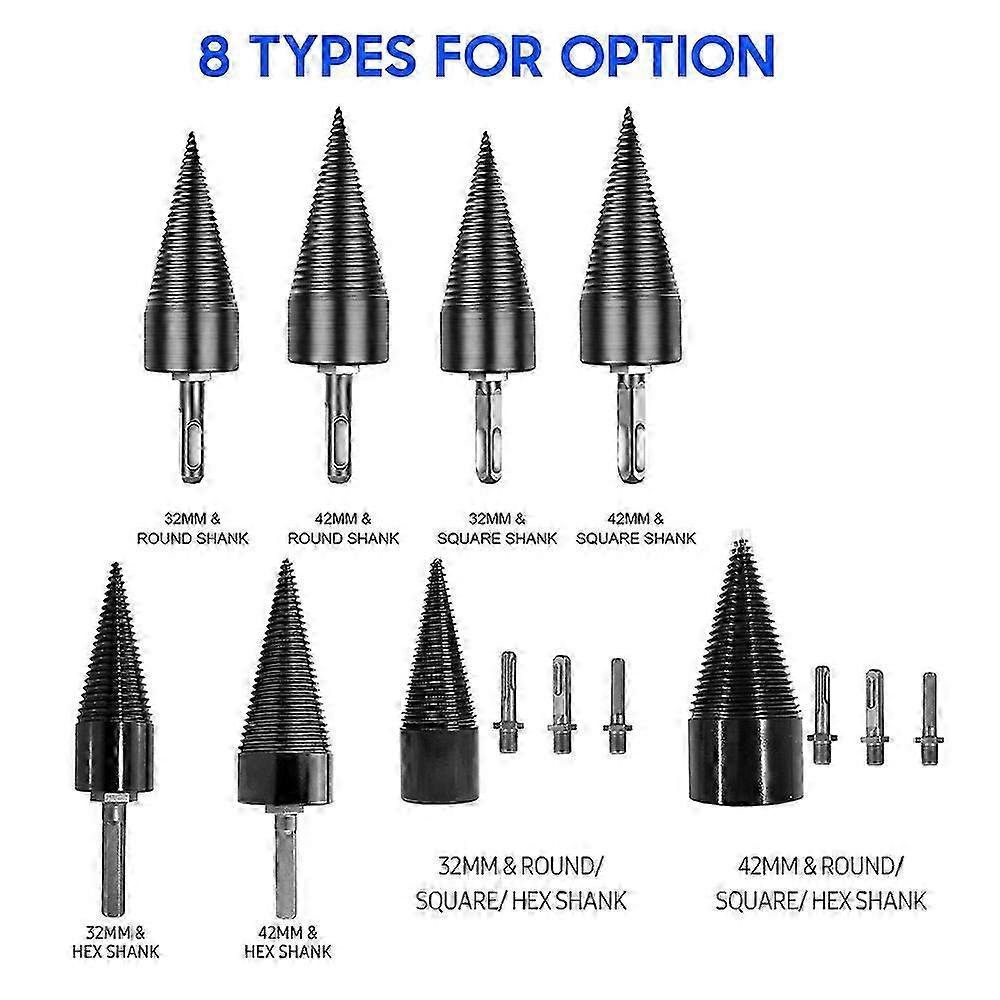 Wood Splitter Drill Bit Firewood Log Splitter Drill Bit Heavy Duty Drill Screw Cone Driver 32mm with 3 Removable Shanks (Round, Square, Hex)
