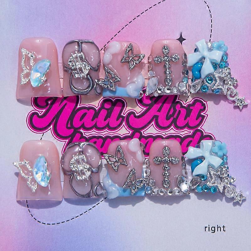 Delicatething Handcrafted Y2K Style Duckbill Nails, Available in 3 Sizes S M L, Adorned with Gold Diamonds and Heart Design, Perfect Gift fo