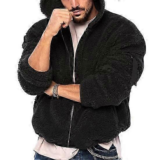 Men's Fluffy Hooded Coat Trendy Zipper Closure Thickened Fleece Jacket Long Sleeves Winter Warm Hoodie for Men