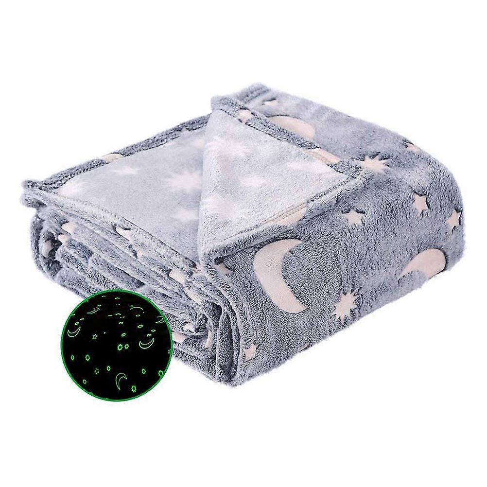 Glow in the Dark Star and Moon Blanket, Ultra Soft Flannel for Kids, Warm Washable Grey