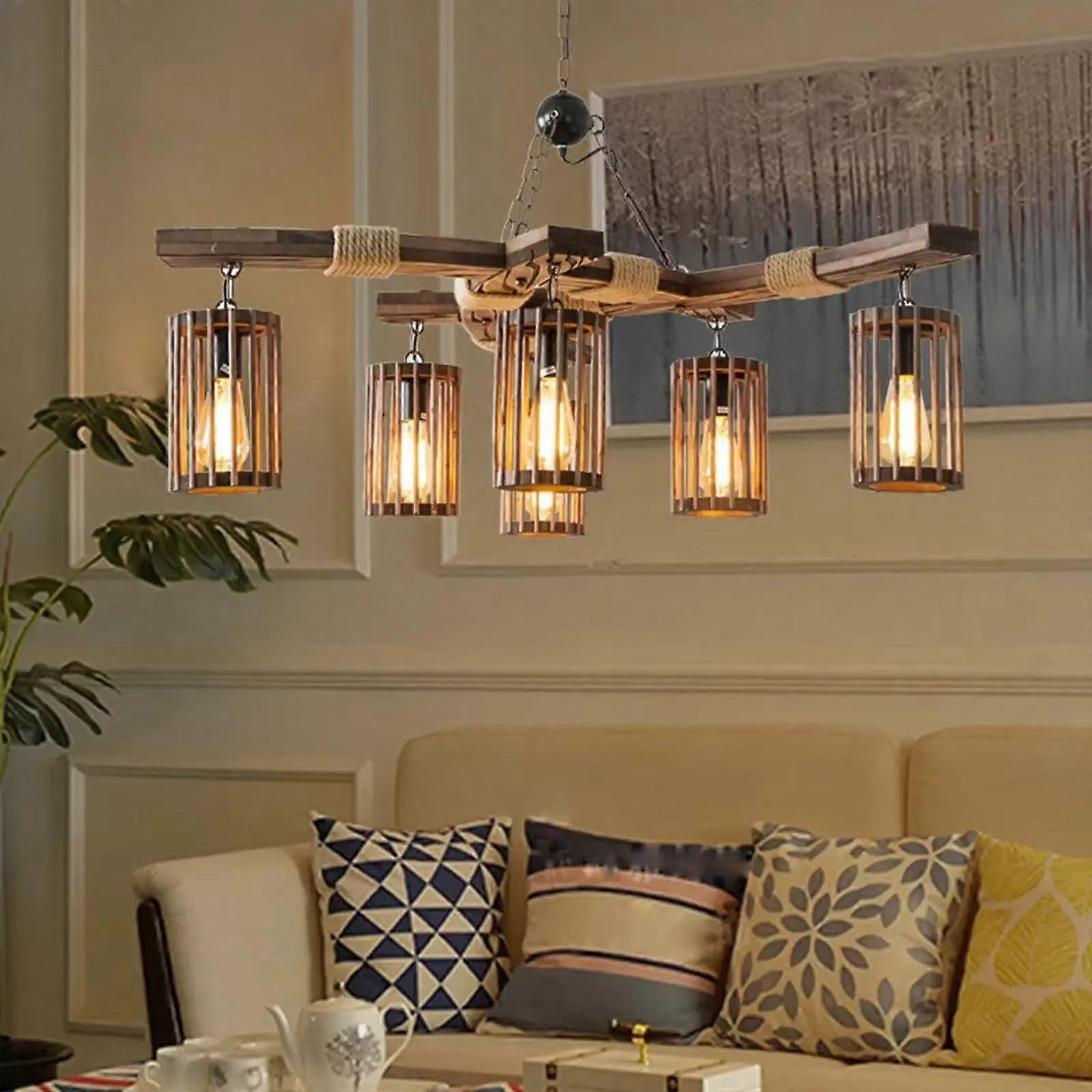 5Light Farmhouse Island Light Fixture, Wood and Metal Ceiling Lamp with Adjustable Color Temperature