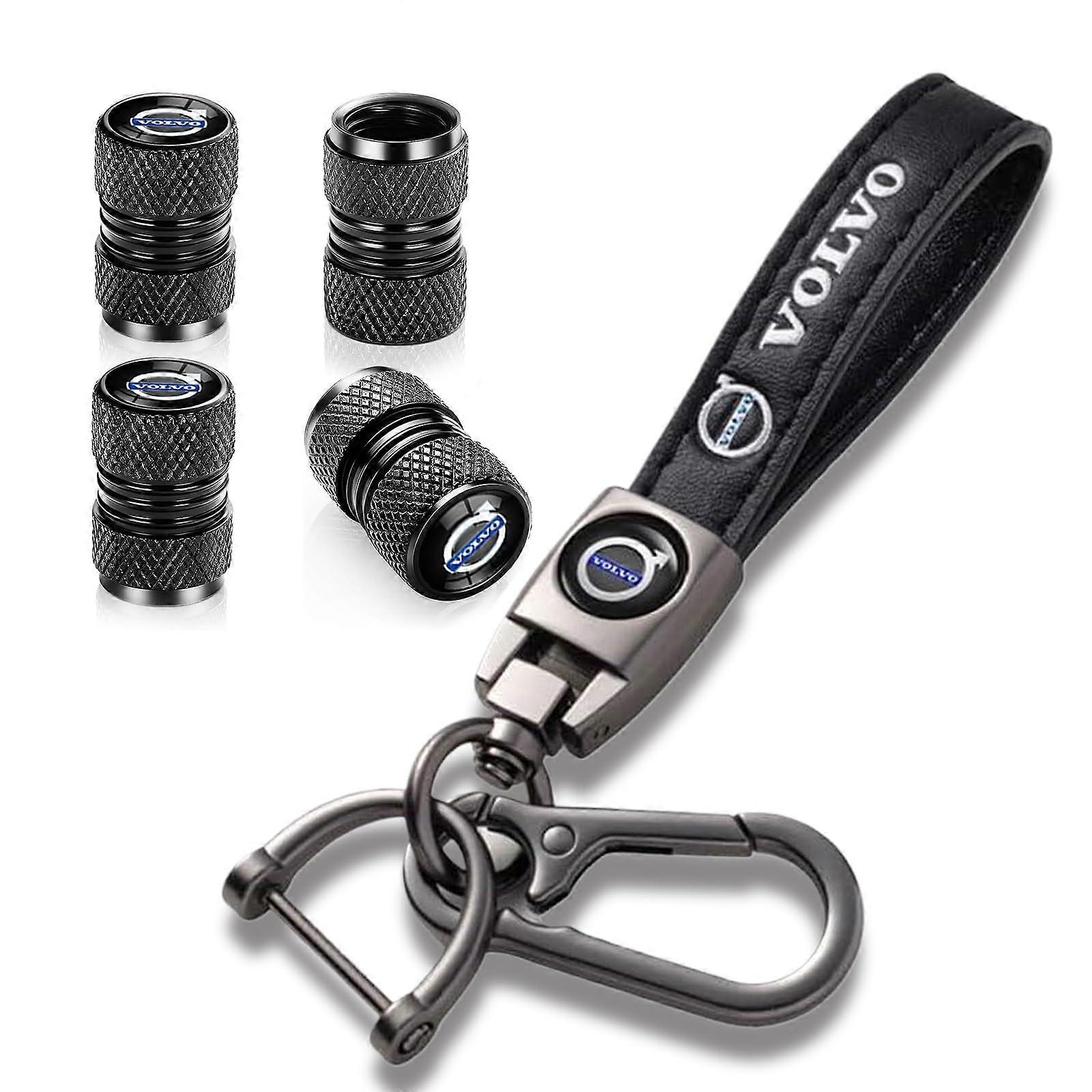 Leather Car Keychain Set with 360° Rotating Ring and CorrosionResistant Tire Valve Caps (5 Pcs Black)