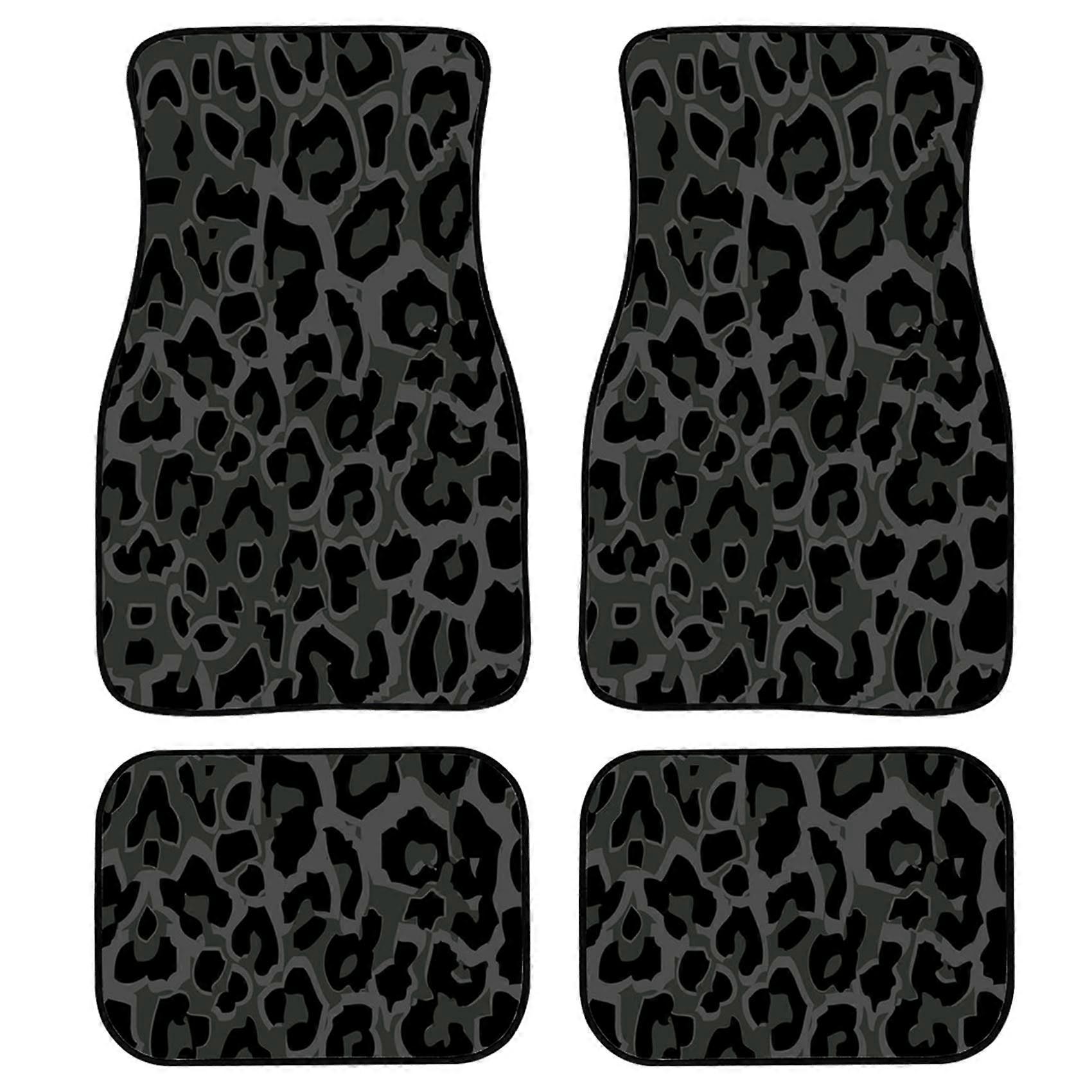 Leopard Car Floor Mats 4 Piece Set Black Print Non Slip Durable Universal Fit Front and Rear