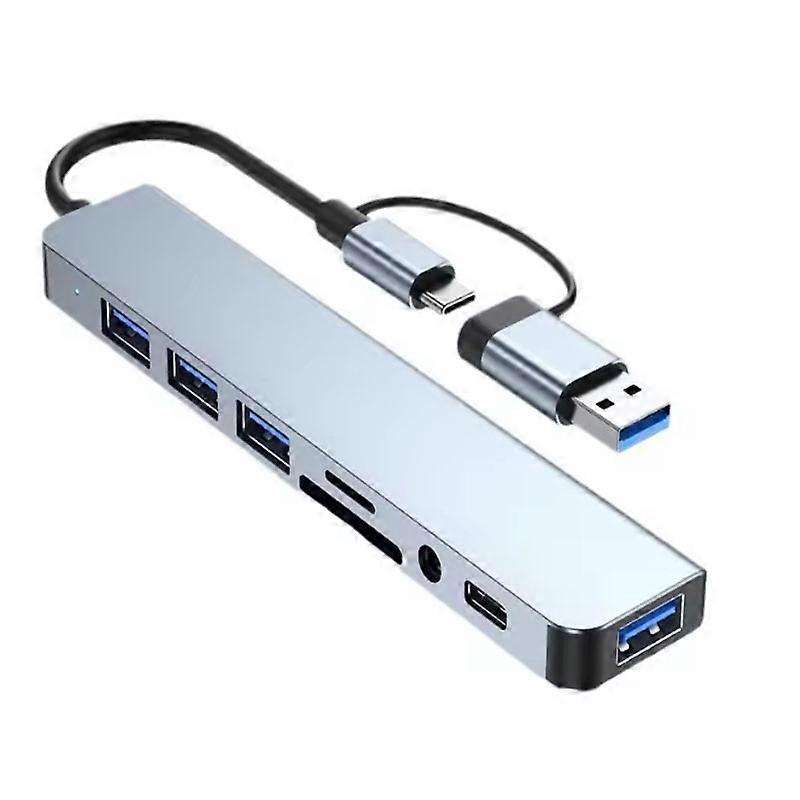8 in 1 USB +Type C HUB Docking Station with 3.5mm Audio Jack Adapter Micro SD Card Reader Laptop Tablet Phone Disk Converter