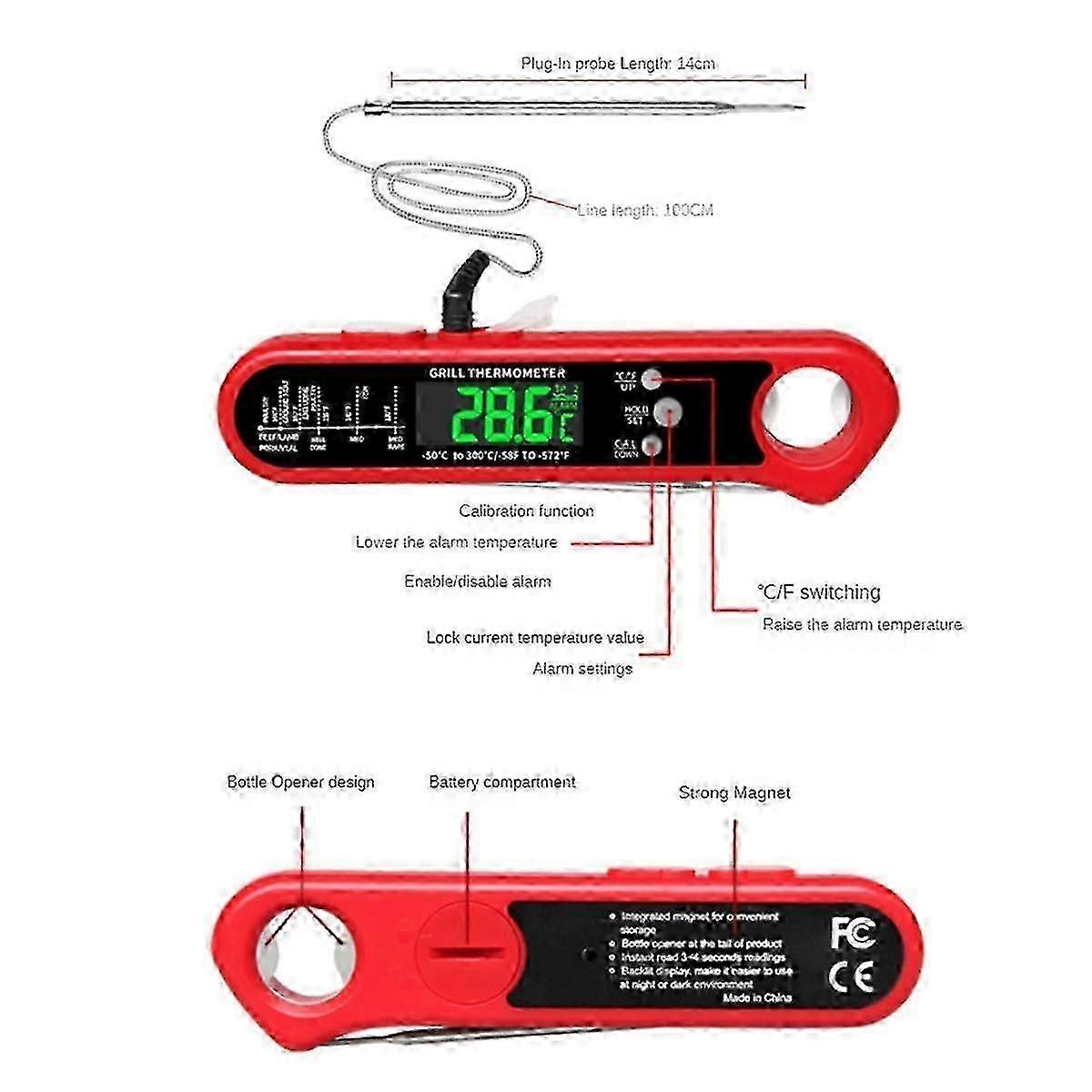 Digital Meat Thermometer with Folding Probe and Calibration Function