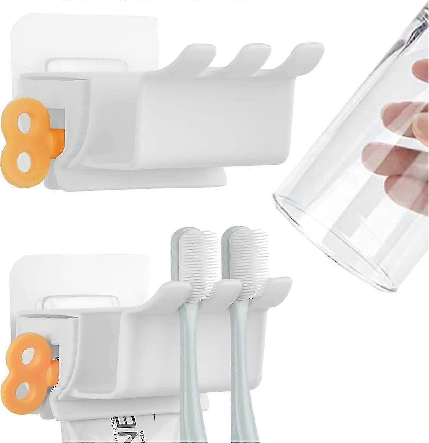 2 Pack Wall Mount Toothbrush Holder Toothpaste Dispenser, Plastic Wall Mount Toothbrush Hanger Compatible (White)