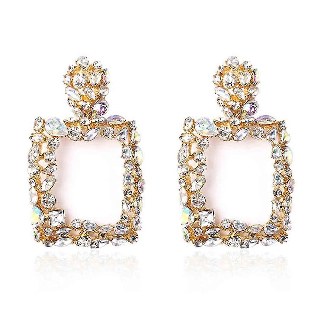 Gold Square Dangle Earrings for Women Elegant Geometric Large Rhinestone Statement Drop