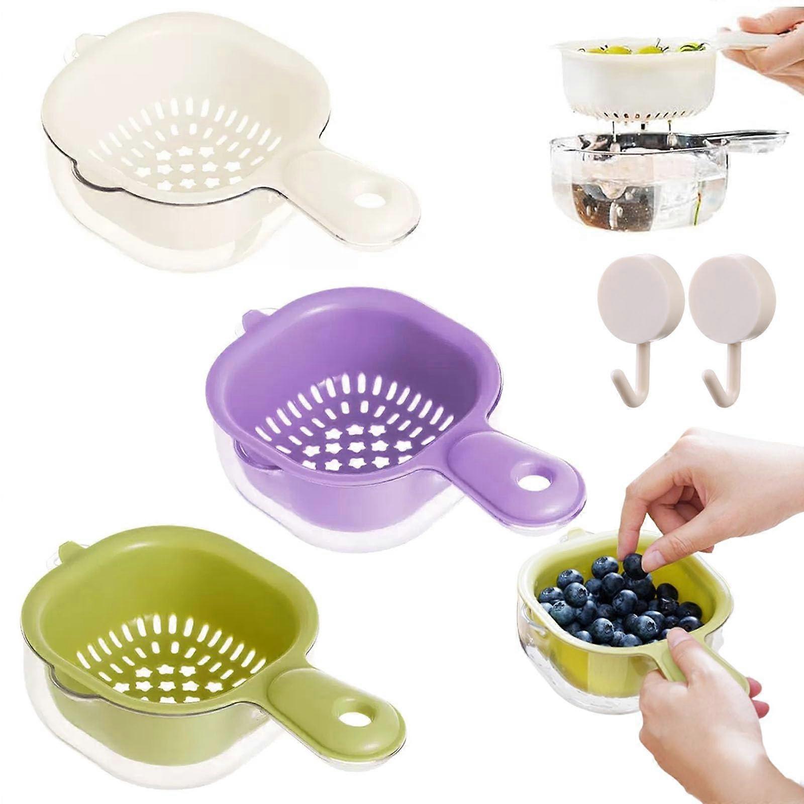 Kitchen Strainer Basket DualLayer Colander with Handle for Fruit and Vegetable Washing 3Pcs