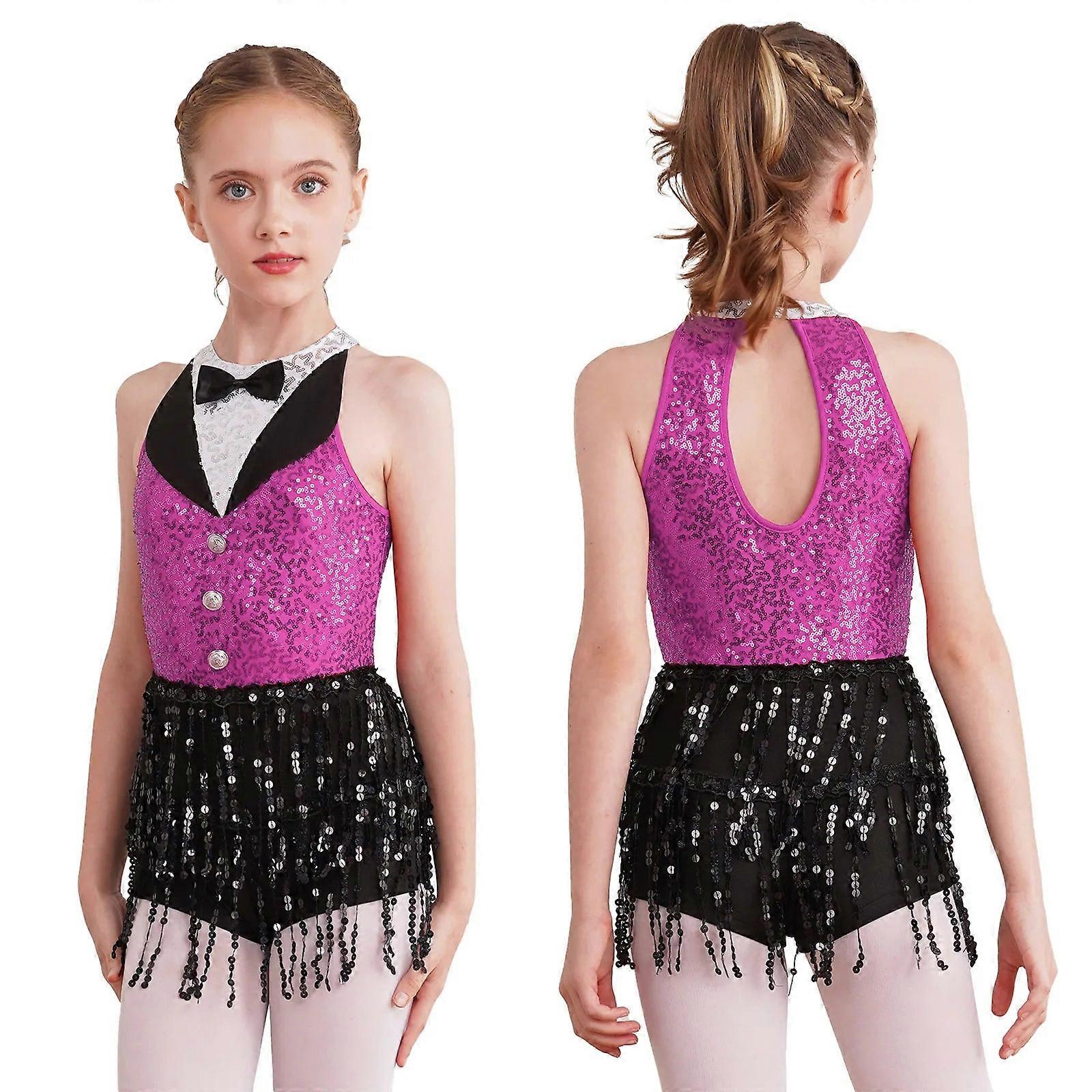 Kids Sequin Tassel Bodysuit Latin Jazz Dance Costume Fringe Cha-cha Samba