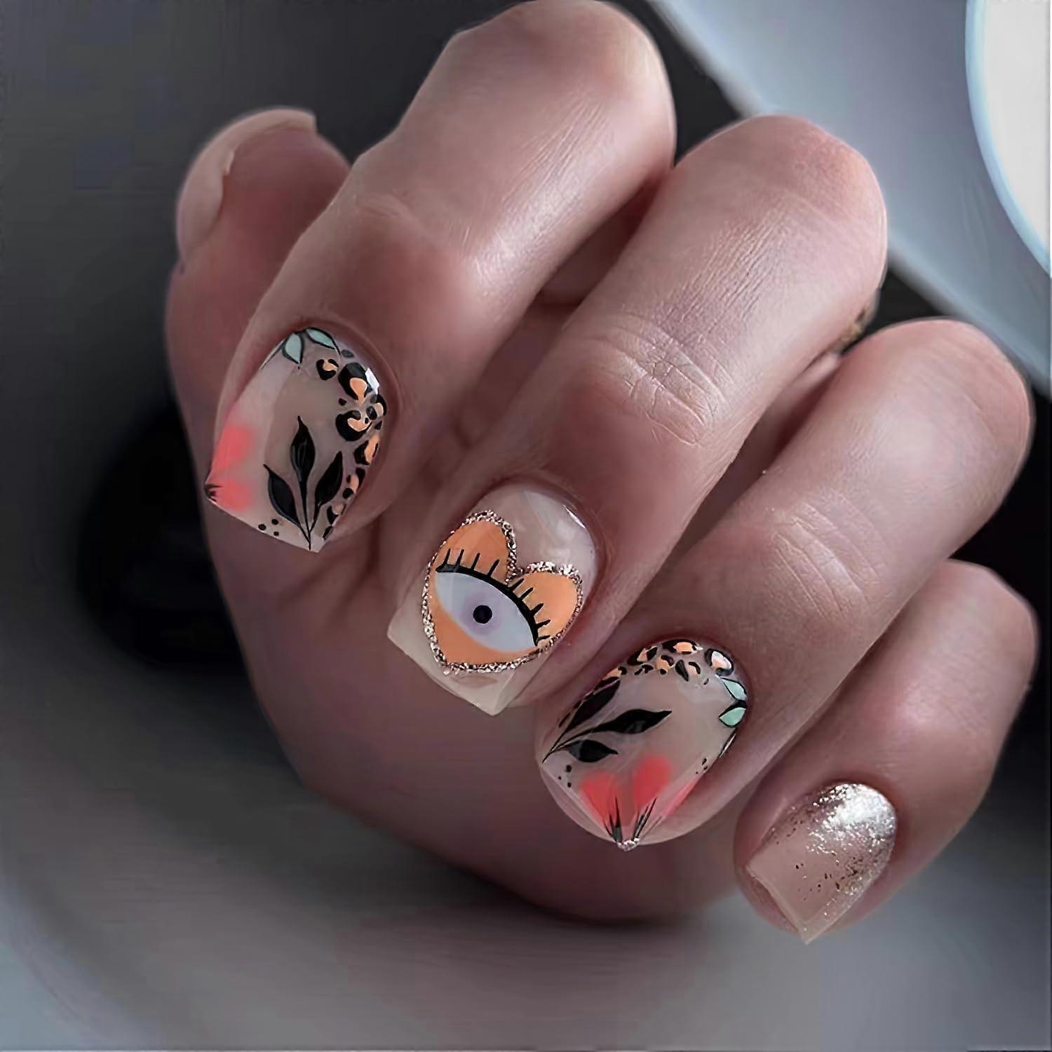 Short Nude Press On Nails Set 24pcs Square Shape with Glitter Leaf Design Reusable Glue On