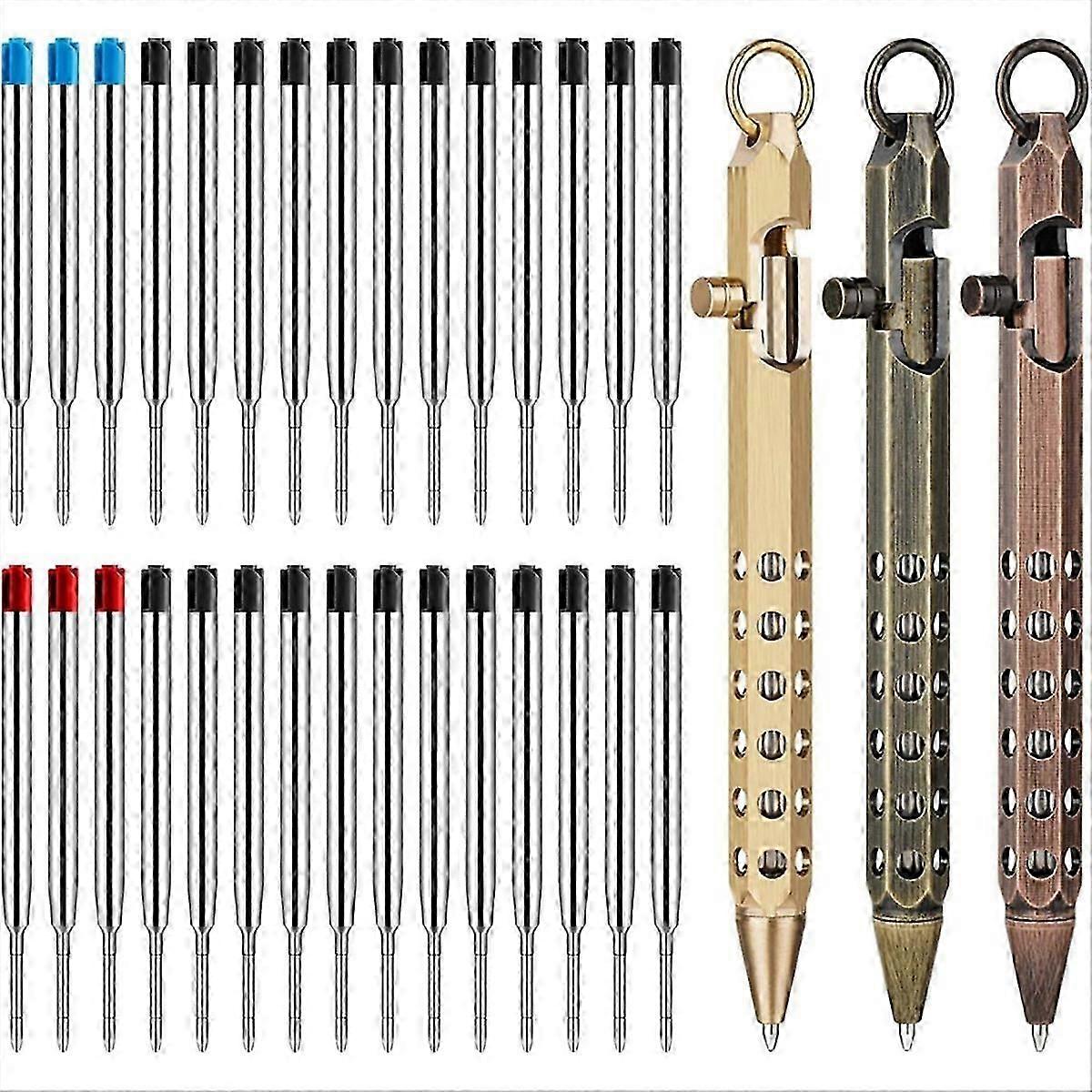 3Pack Bolt Action Pen Set, Hexagonal Solid Brass Pocket Pen with 30 Ballpoint Refills A