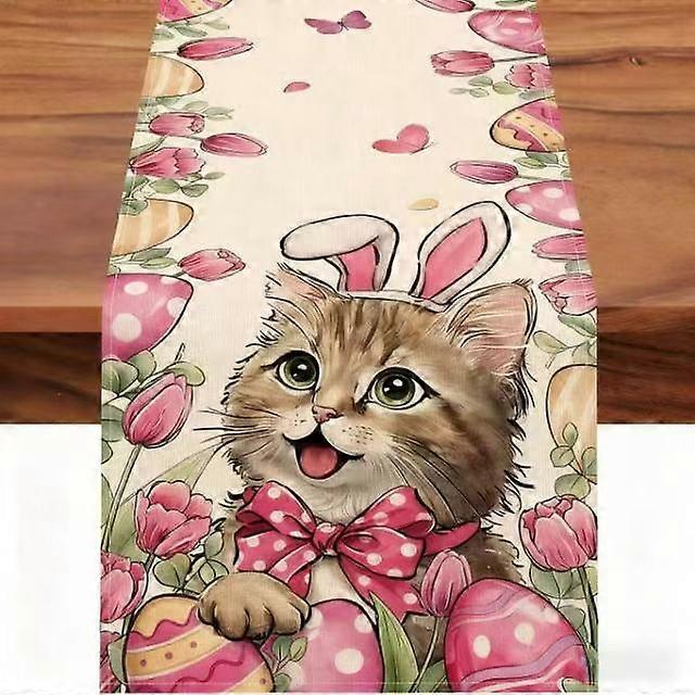 Easter Table Runner, Easter Table Decorations, Easter Egg Bunny and Spring Flowers Pattern Burlap Table Runner, Modern Decoration for Kitchen, Living 