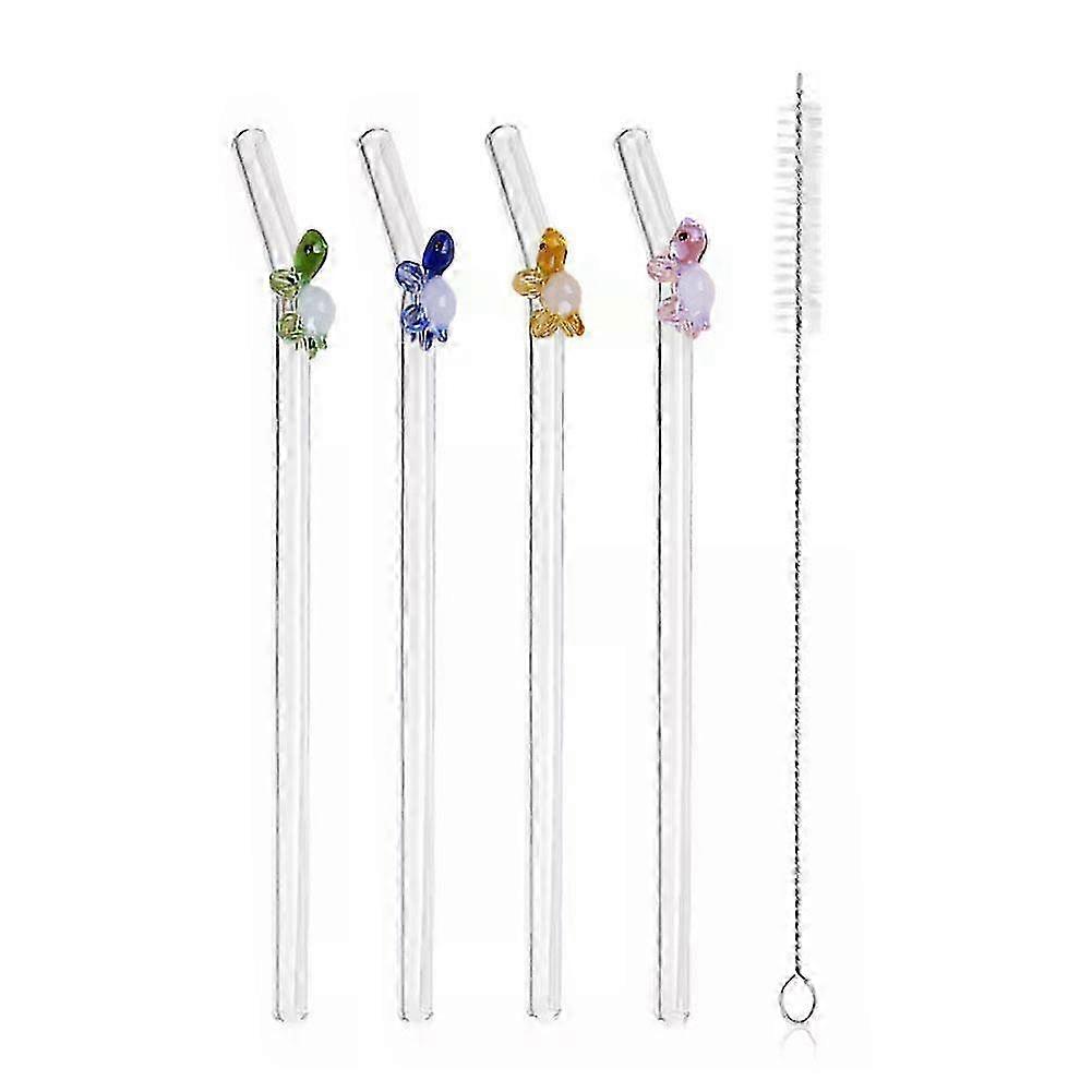 Glass Straws With Cute Colored Turtle 4pcs Durable