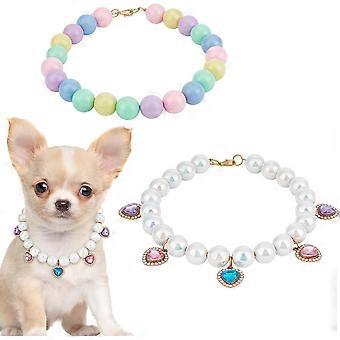 2pcs Pet Rainbow Beaded Collar with Heart Charms Adjustable Dog and Cat Necklace Sparkling Colorful Pet Necklace Jewelry Handmade Fancy Dog Collar