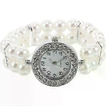 Armbandhorloges voor dames, parelarmband, manchethorloge, met glinsterende steentjes.