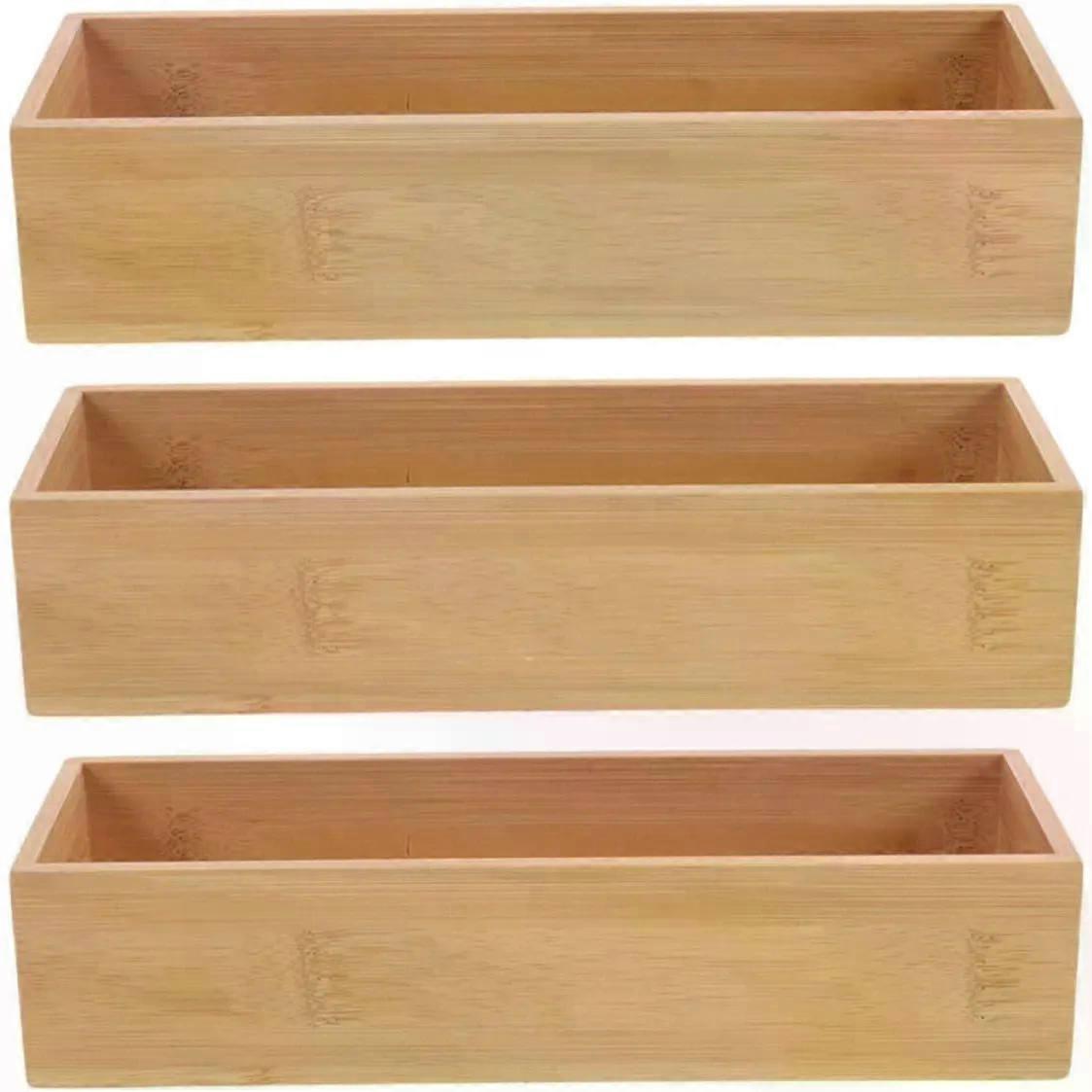 3pcs Bamboo Drawer Organizer Set, Stackable Drawer Storage Box