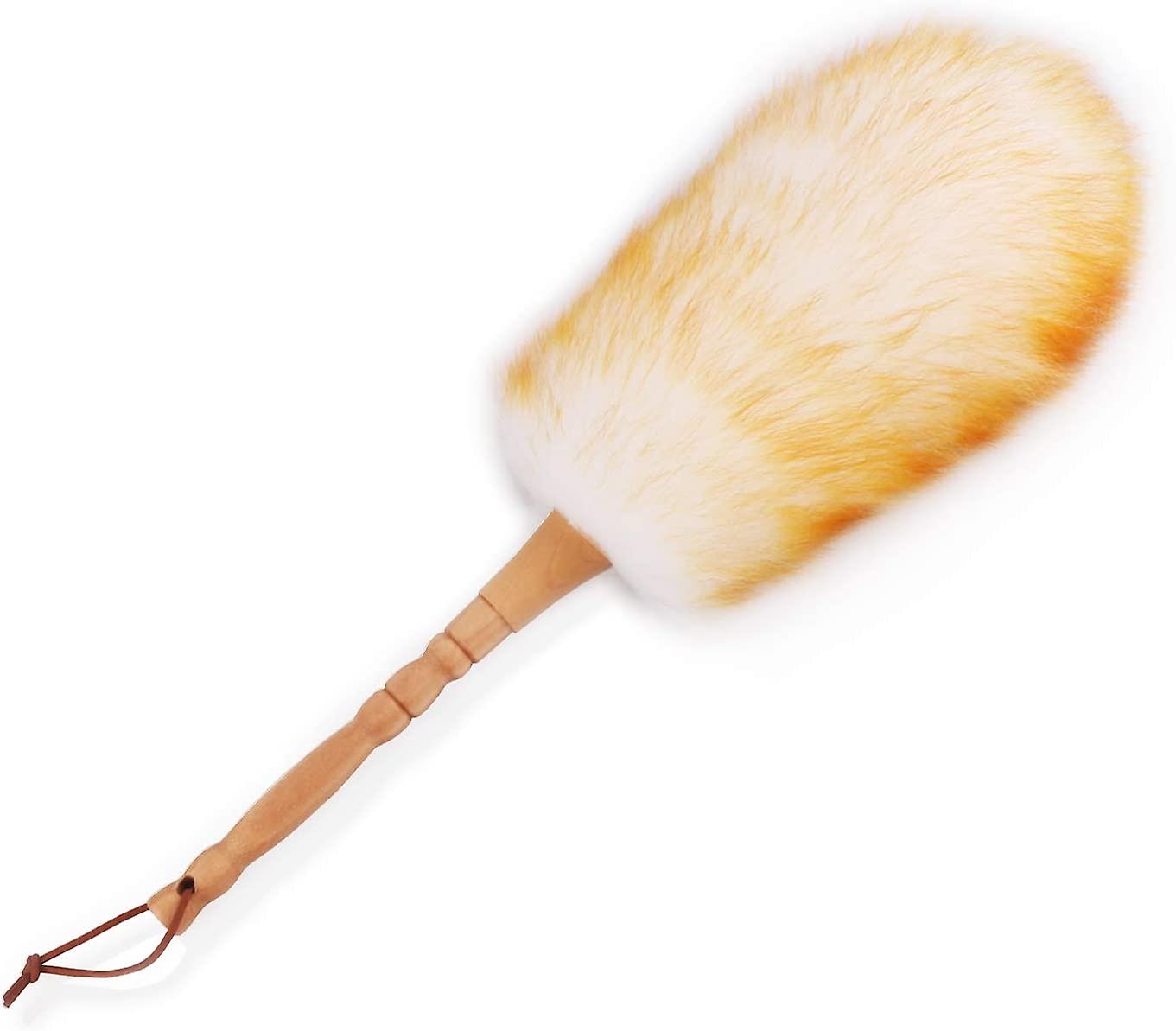 Lambswool Duster with Solid Wooden Handle,Leather Hang Strap,18.9 inch Long,Natural Feather Duster for Cleaning Ceiling Fans,Window Blinds,Computer Sc
