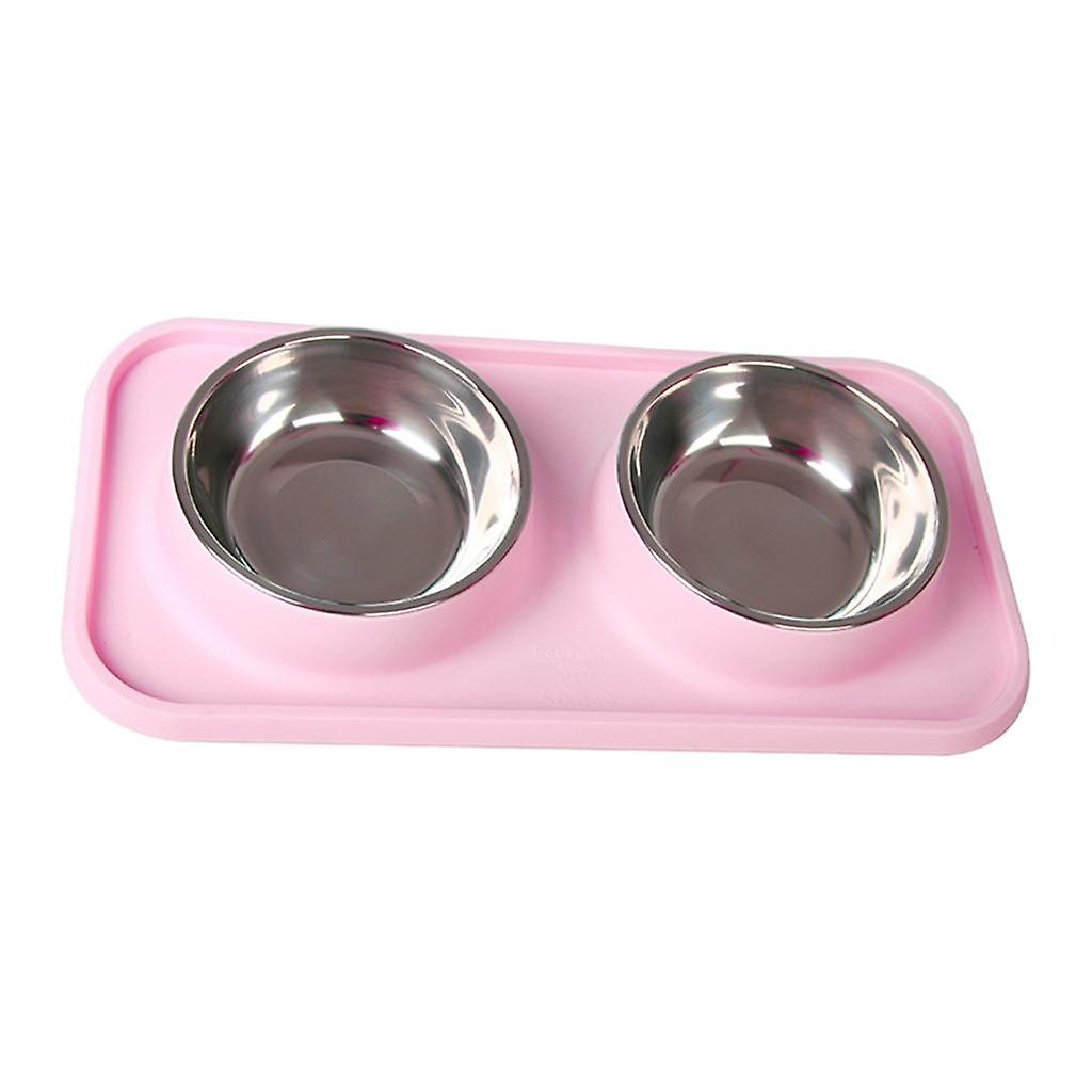 Edelstahl Haustier Katze Futter Wasser Fütterung Doppelnapf mit Kunststoffmatte Set Rosa