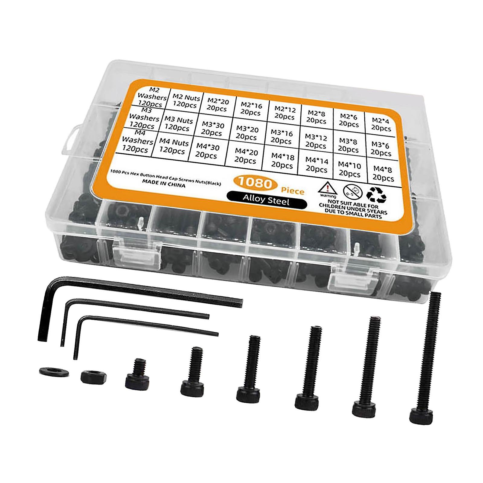 1080Pcs M2 M3 M4 Hex Socket Screws Nuts Flat Washer for Electrical Plumbing