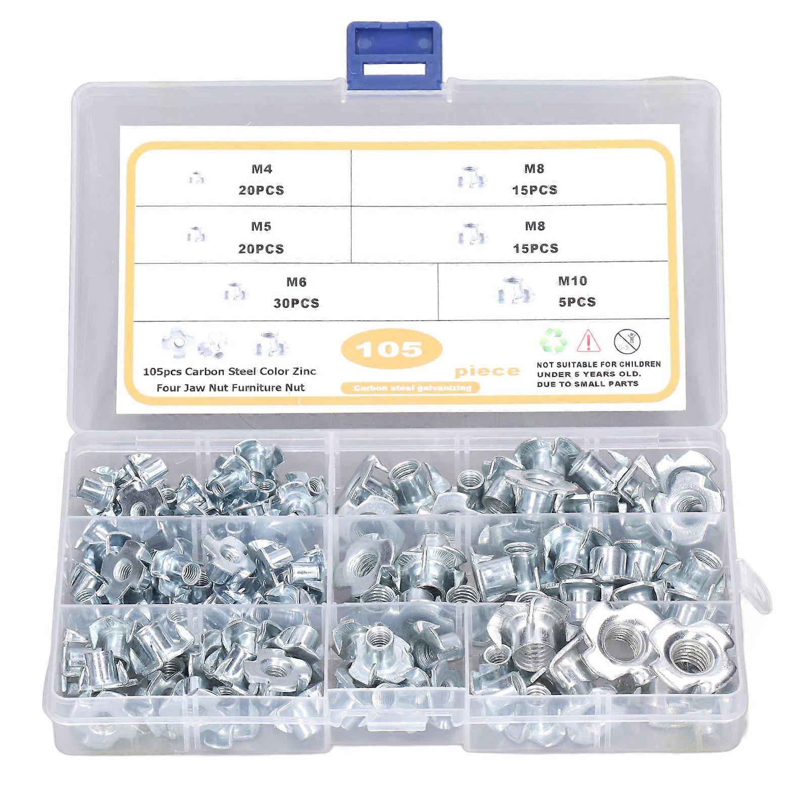 Risegun T Nut T Nut Tee Nuts Assortment Set, 105pcs M4-M10 Galvanized Carbon Steel Kit for Maintenance