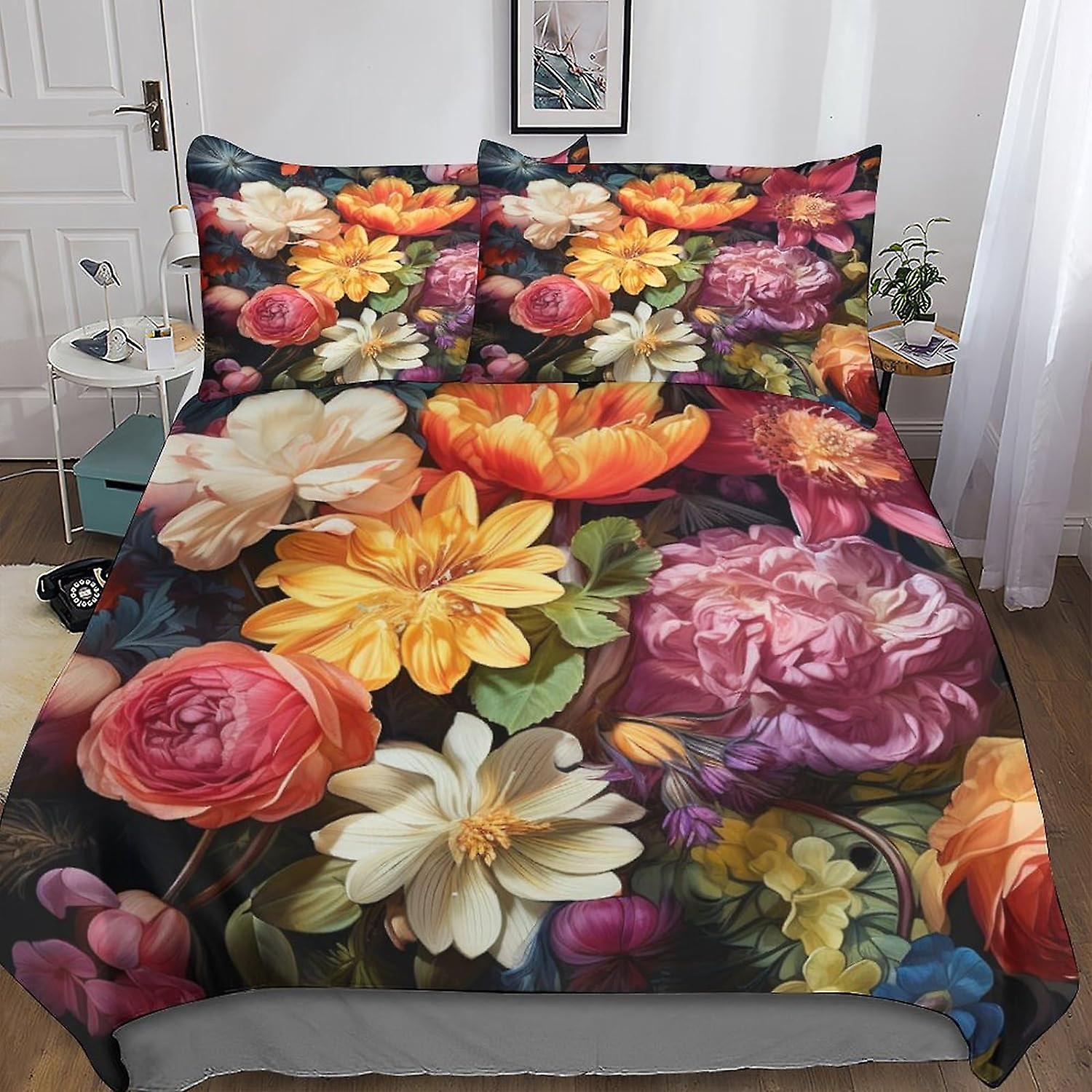 Kolorowe kwiaty Poszwa na kołdrę Zestaw pościeli 3-częściowy zestaw Botanical Art Quilt Poszewka na kołdrę z mikrofibry Poliestrowa poszewka na poduszkę z zapięciem na zamek błyskawiczny