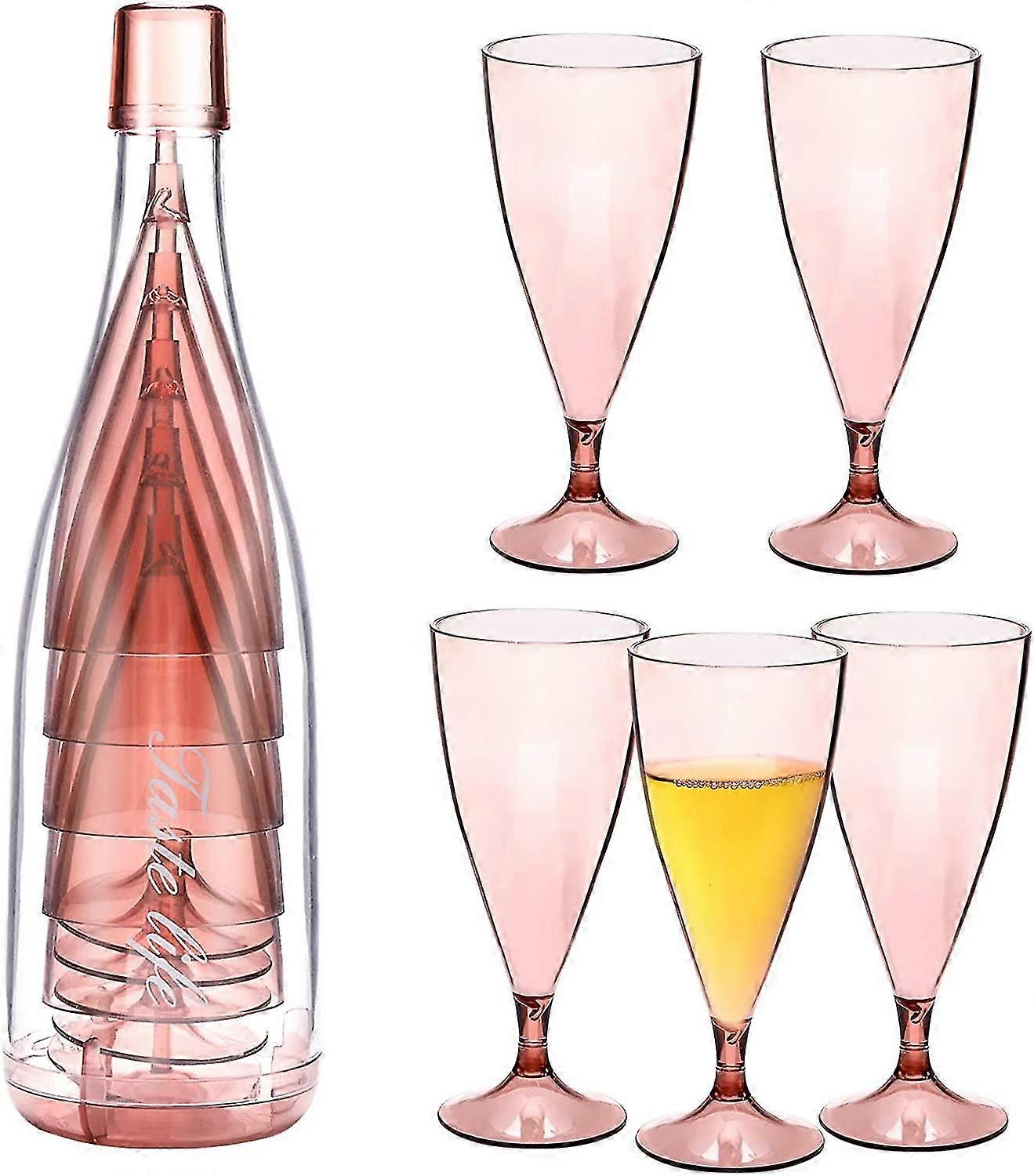 Set Of 5 Stackable Champagne Flutes Set, Reusable Unbreakable Wine Glasses With Bottle Container