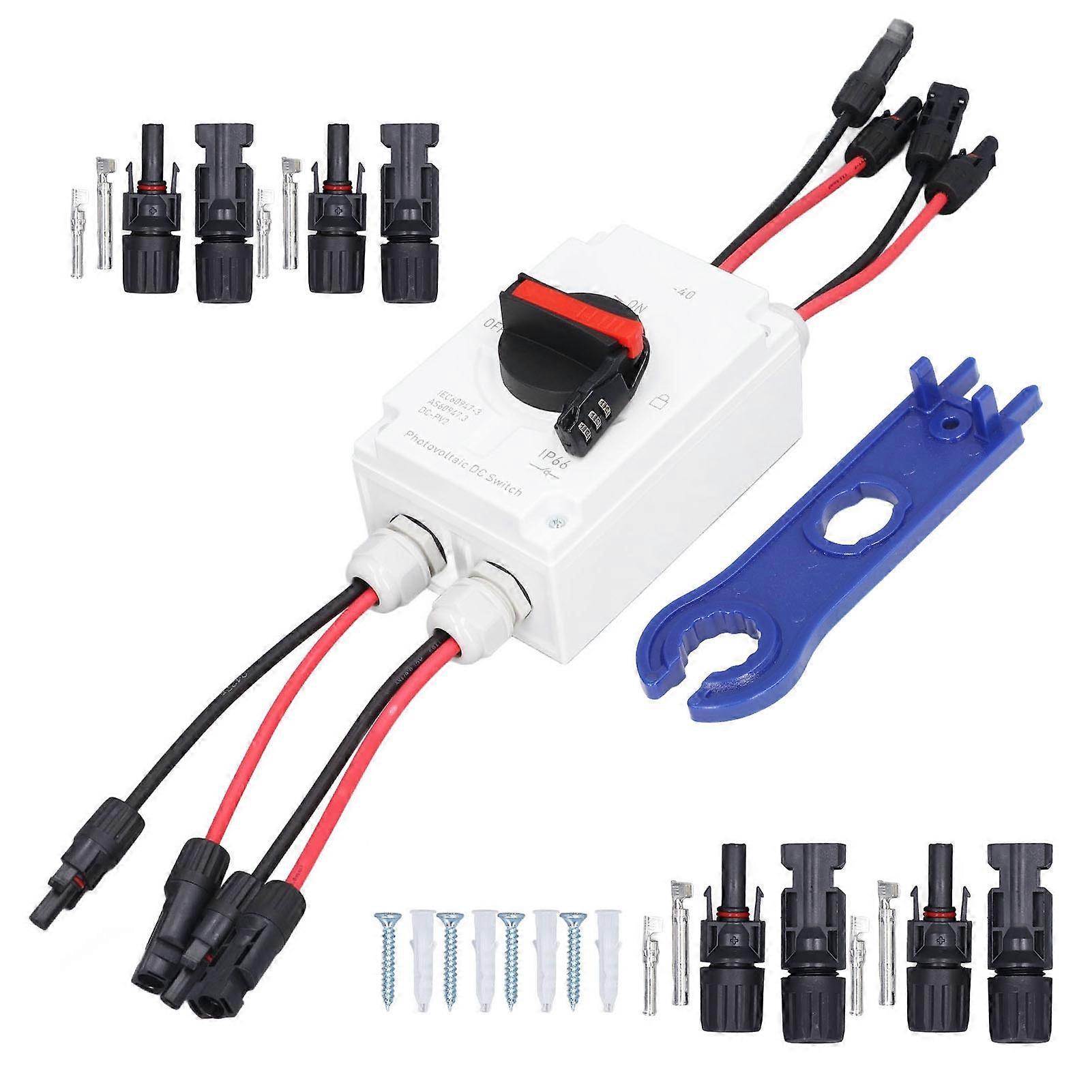 PV Solar Disconnect Switch 2 Input 2 Output Photovoltaic Circuit Isolator 32A DC1200V 2 String IP66 Waterproof NO.3534