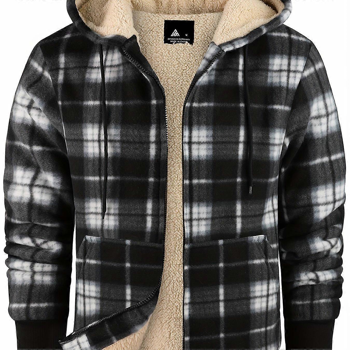 Cozy Plaid Fleece Hooded Jacket for Men - Warm, Thick, and Soft Outwear for Fall and Winter - Perfect for Casual Outdoor Activities