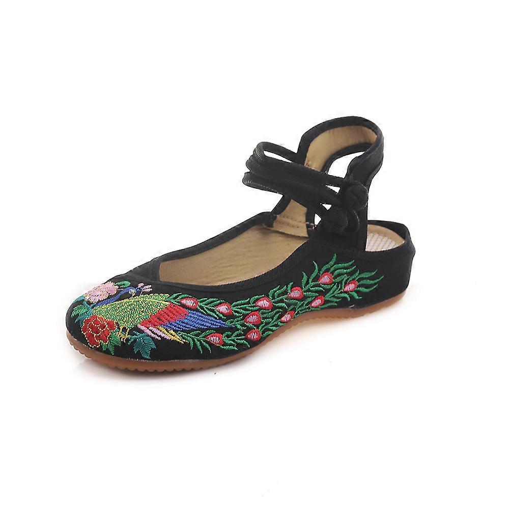المرأة الصينية ريترو العرقية التطريز منخفض الكعب شقة مصعد Cheongsam أحذية الطاووس الصنادل