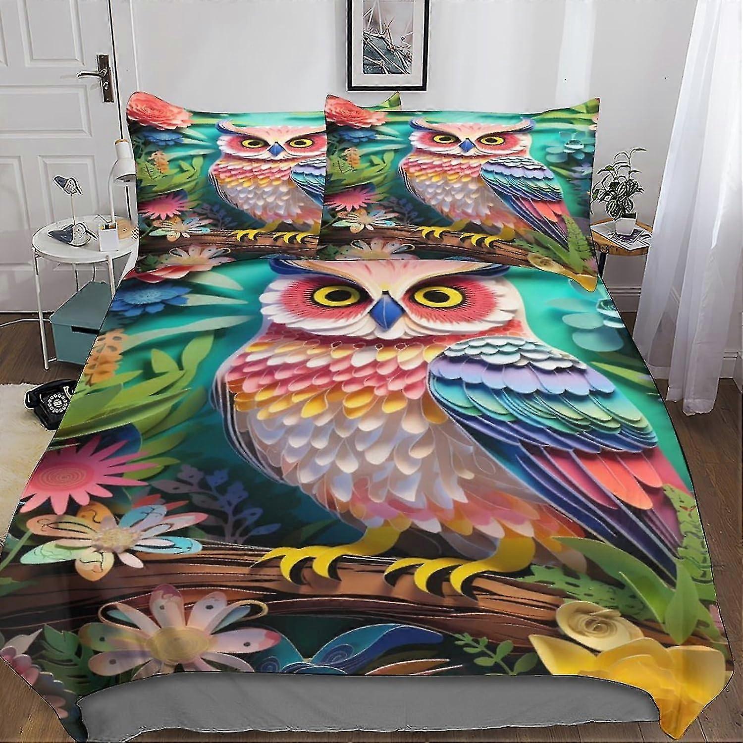 o5651 Lençóis Bonito Coruja Conjunto de Cama 3D Conjunto de Capa de Edredom Microfibra Macia Flores Coloridas Capa de Colcha com Fronhas, Capa de Edredom Conjunto de 3 Peças Be