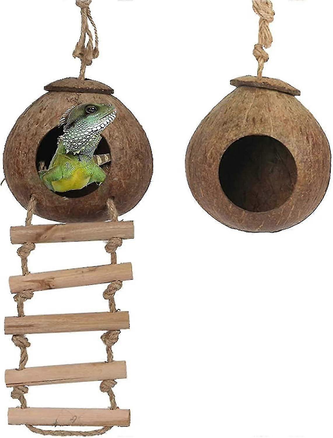 Natural Coconut Shell Gecko Nest House Reptile Hideouts Bed Cage Toy With Ladder Hanging Loop For Lizards Chameleon Gecko Snakes Small Animal 2 Pcs-sf