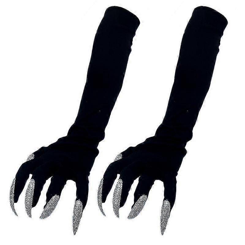 1ペアのハロウィンコスチューム手袋 付属の長い爪(ブラック)