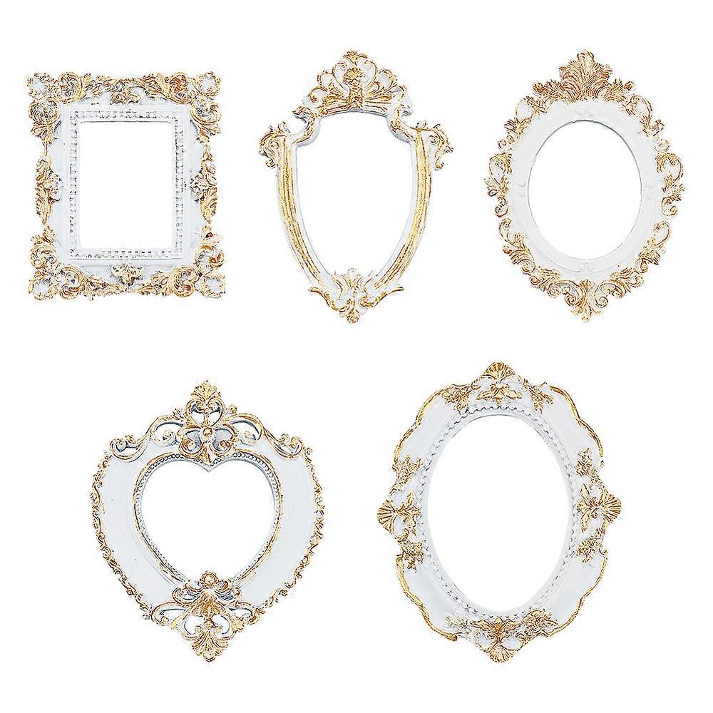 5Pcs 5 Style Resin Picture Frame Retro Embossed Photo Frame for Dollhouse Decor Teardrop & Oval & Rectangle & Heart Light Khaki 93~121.5x79~98.5x7~11m