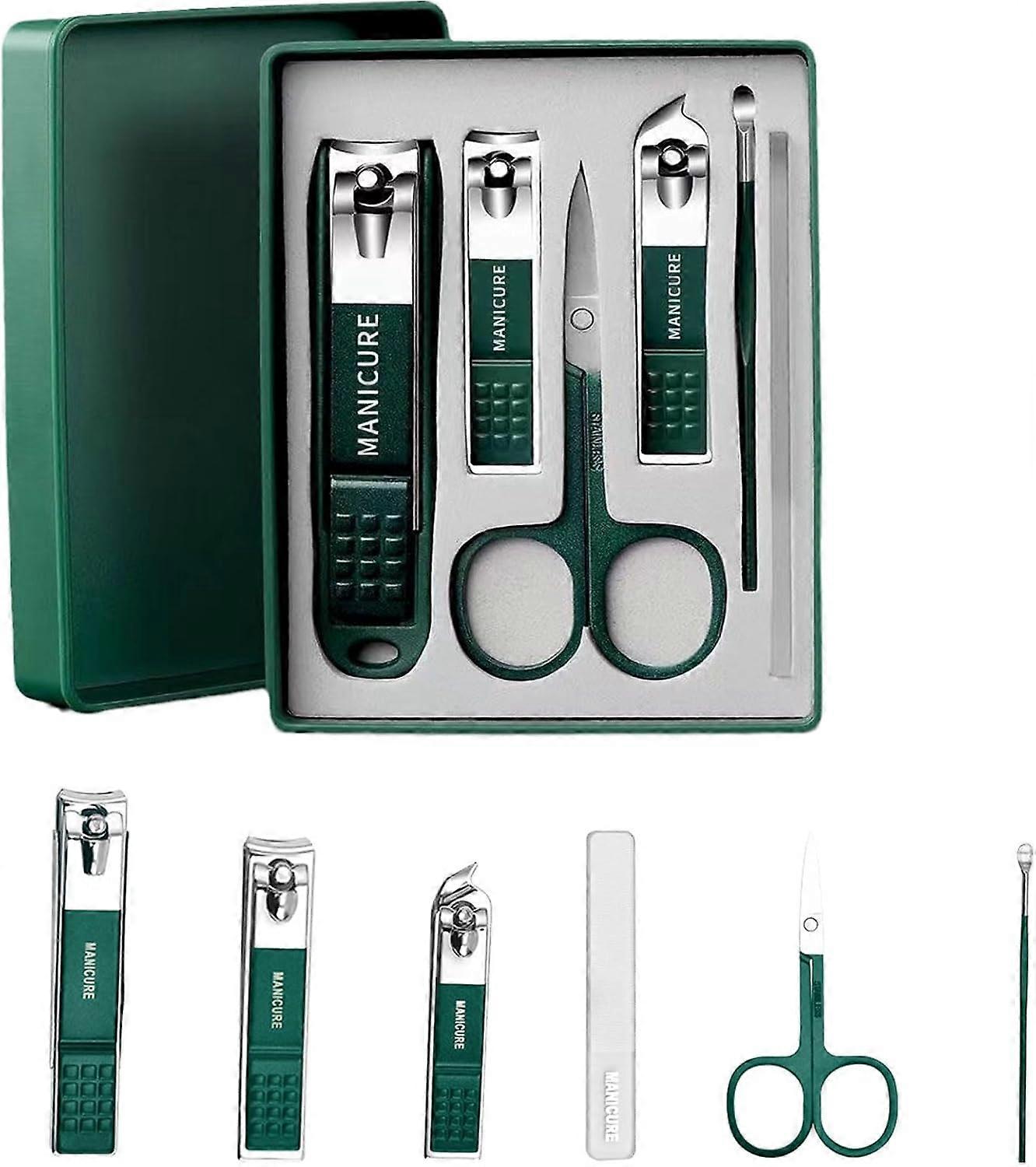 Dark Green Stainless Steel Nail Clipper Set, 6-Piece Grooming Kit with Ergonomic Design and Sharp Blades