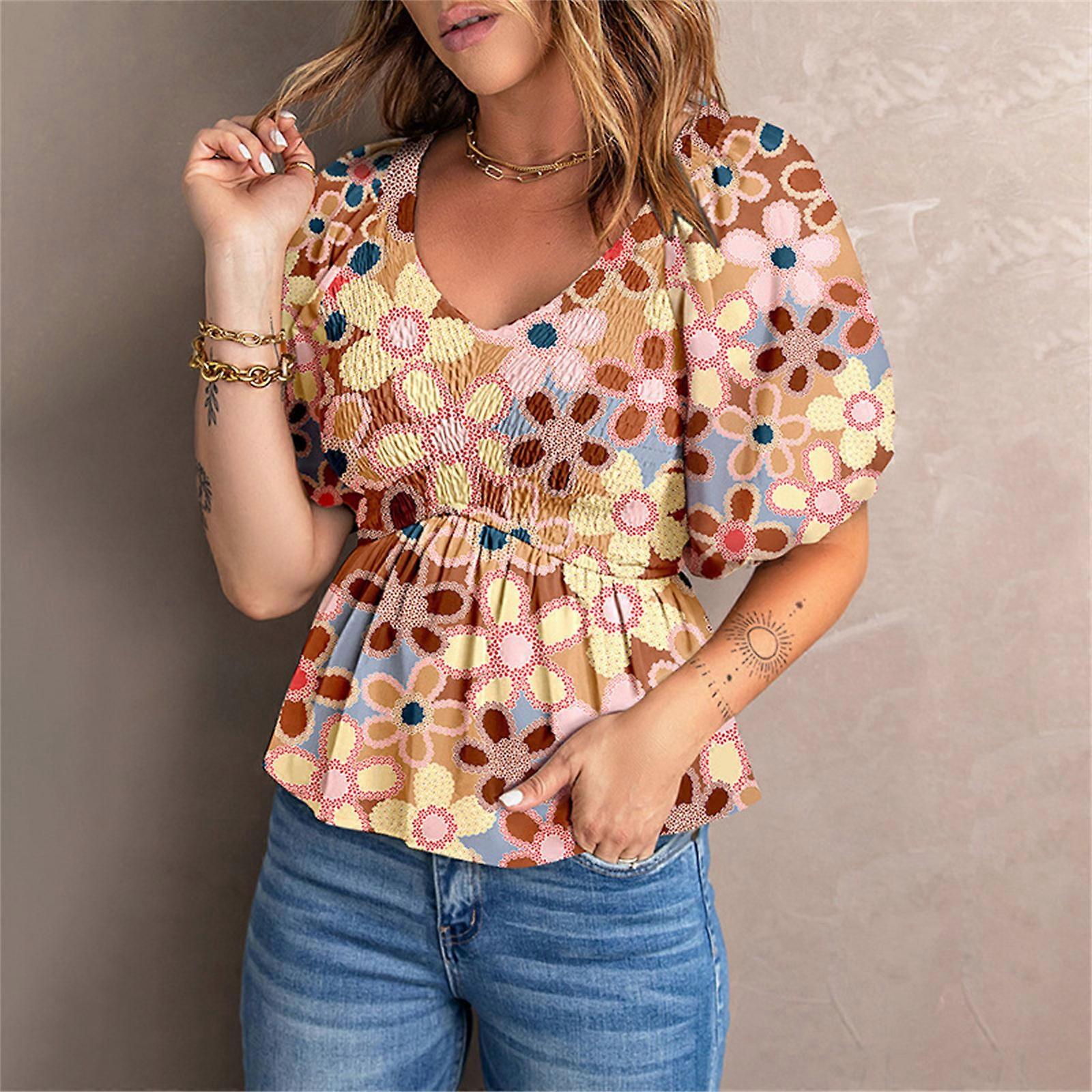 Chemisier Femme EN ELLE - Motif Fleuri - Taille L - Manches Courtes Et Style Peplum