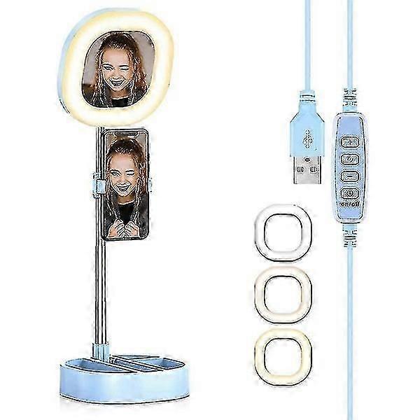 Faltbares LED-Ringlicht mit Spiegel, Handyhalterung, 3 Farbmodi