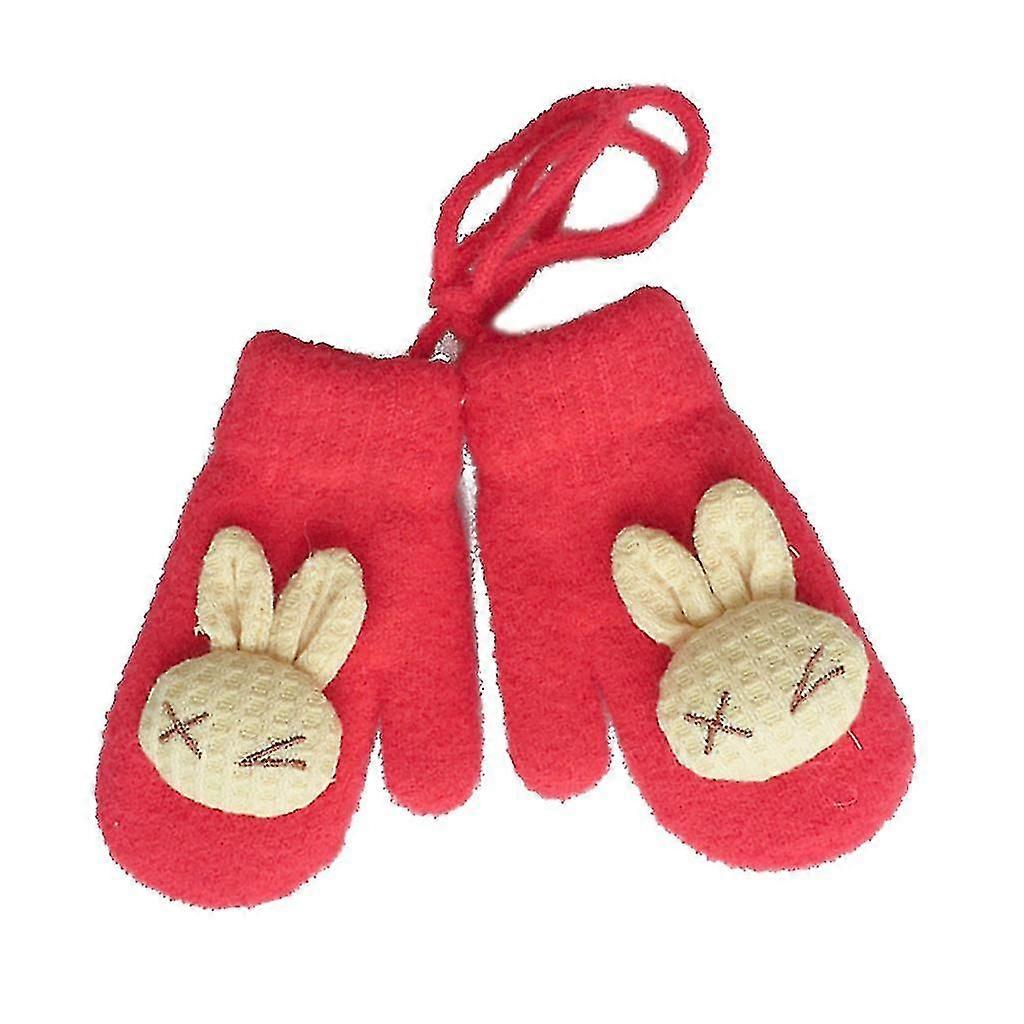 1 Pair Toddlers Thicken Plush Warm Full Finger Gloves Baby Cartoon Animal Bunny Winter Mittens With String Hand Warmer