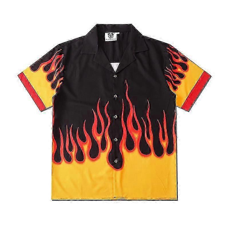 Erkekler Ve Kadınlar Çiftler Sarı Alev Dijital Baskı Tide Marka Rahat Bol Kısa Kollu Gömlek