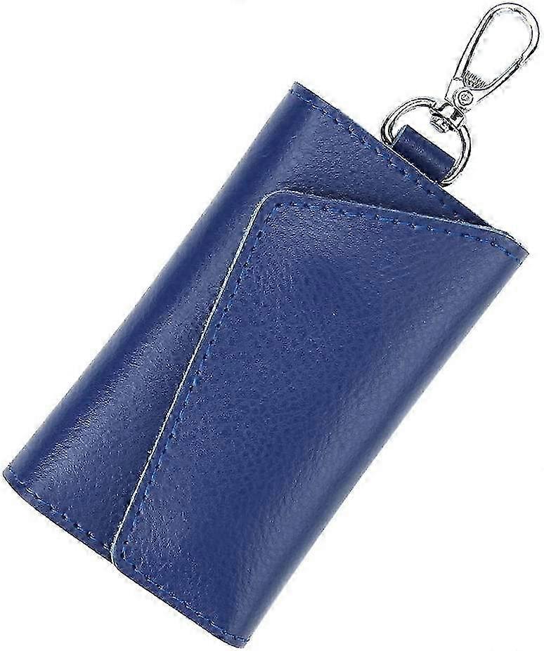 Leather Car Key Case Wallet Keychain Key Holder Ring with 6 Hooks Snap ClosureBlue
