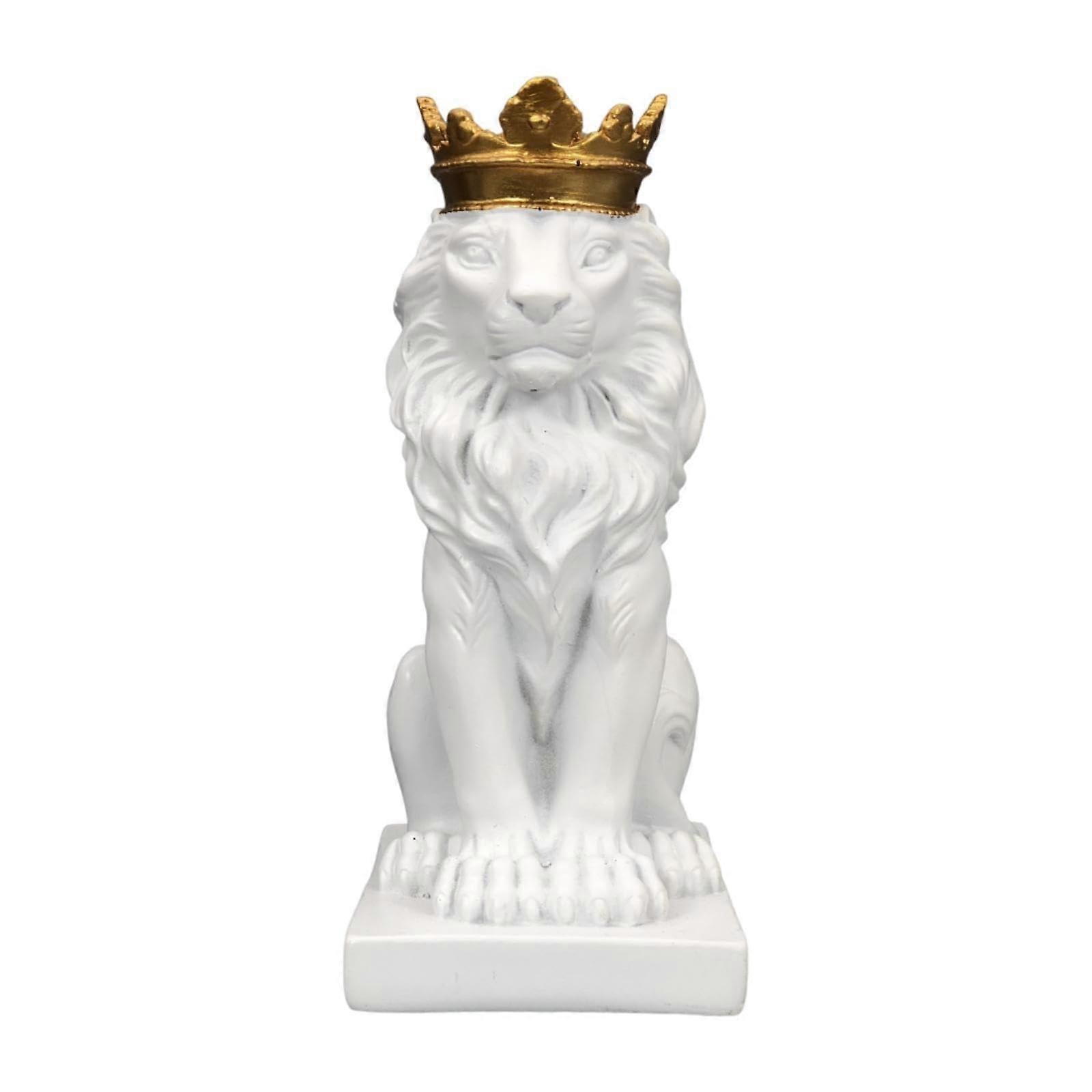 Lion with Crowned Statue Resin Table Decoration Ornament 14.5cm for Home and Office Decoration Unique White